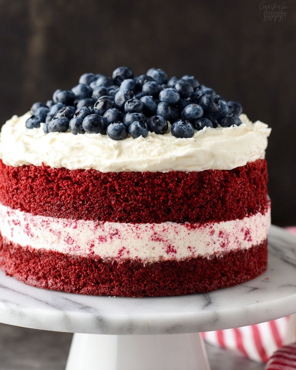 A three-layer red velvet cake sits on a white cake stand with a smooth, white marbled surface underneath. The bottom and top layers are deep red with a soft, crumbly texture. Between them is a thick middle layer of light pink creamy frosting flecked with red crumbs. On top, there is a smooth layer of white whipped cream, slightly whipped with soft peaks, crowned with a generous pile of fresh, plump blueberries that are dark blue with a natural shine. The background is dark and blurred, making the colors of the cake stand out clearly. photo taken with an iphone --ar 4:5 --v 7