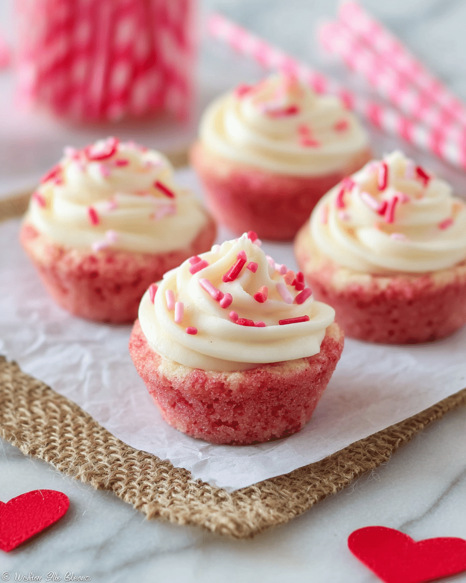 The image shows four small pink cupcakes with a rough texture, each topped with a swirl of smooth white frosting. The frosting has several thin red and pink sprinkles scattered on top. The cupcakes are placed on white parchment paper, which rests on a piece of burlap on a white marbled surface. In the background, there are three pink and white striped straws, and some red paper pieces add a pop of color around the setup. The focus is on the cupcake in the front center, with the other three slightly blurred behind it. photo taken with an iphone --ar 4:5 --v 7