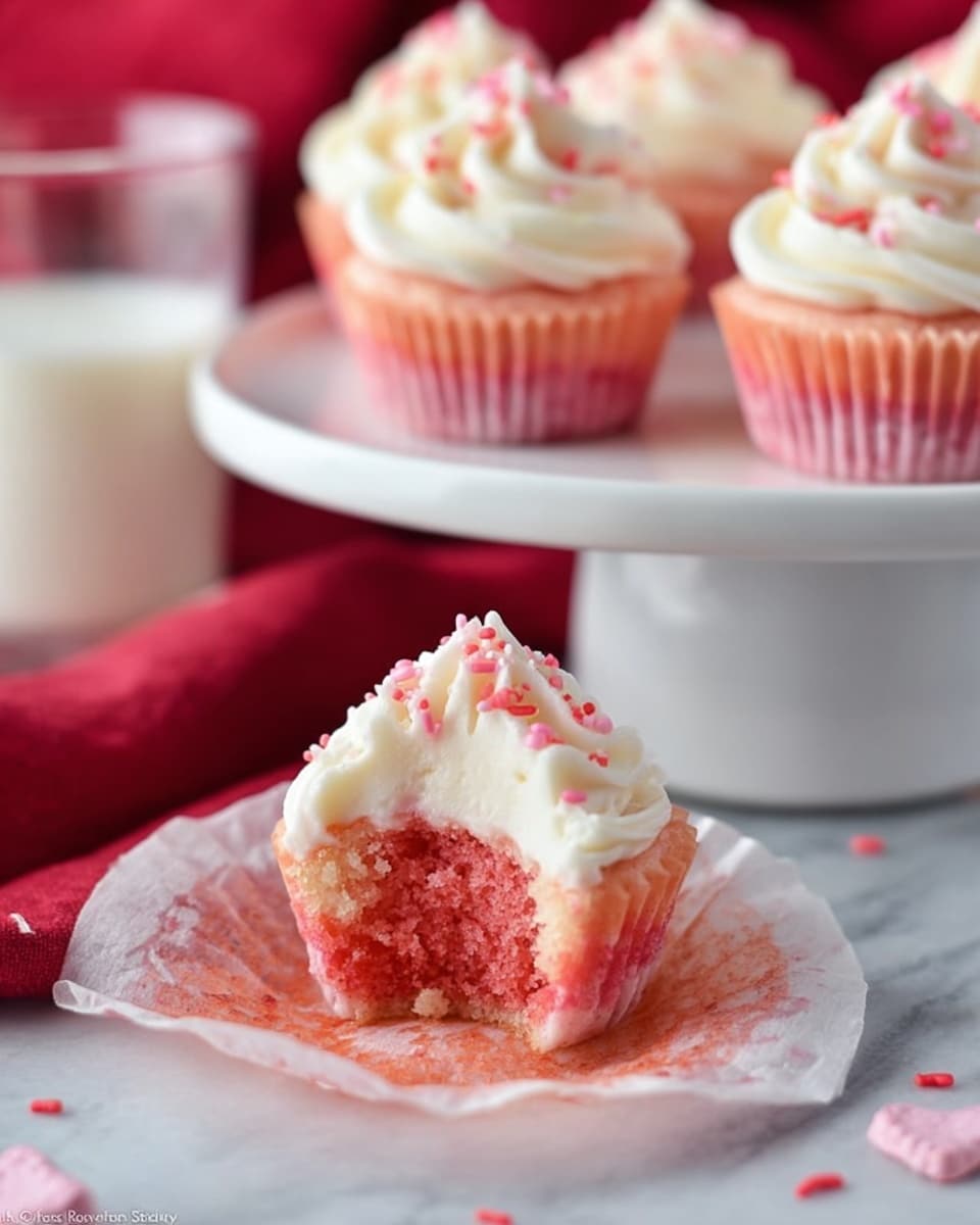 The image shows small pink cupcakes with a soft, moist texture, each topped with a swirl of creamy white frosting. Each cupcake has one layer of bright pink cake at the bottom, and a thick, smooth, white frosting layer on top, decorated with tiny pink and red sprinkles. One cupcake in front is partially bitten, showing the inside pink cake. The cupcakes are placed on white parchment paper over a white marbled surface, and a white cake stand with more cupcakes is visible in the background. The setting includes a blurred glass of milk and a red cloth underneath. Photo taken with an iphone --ar 4:5 --v 7