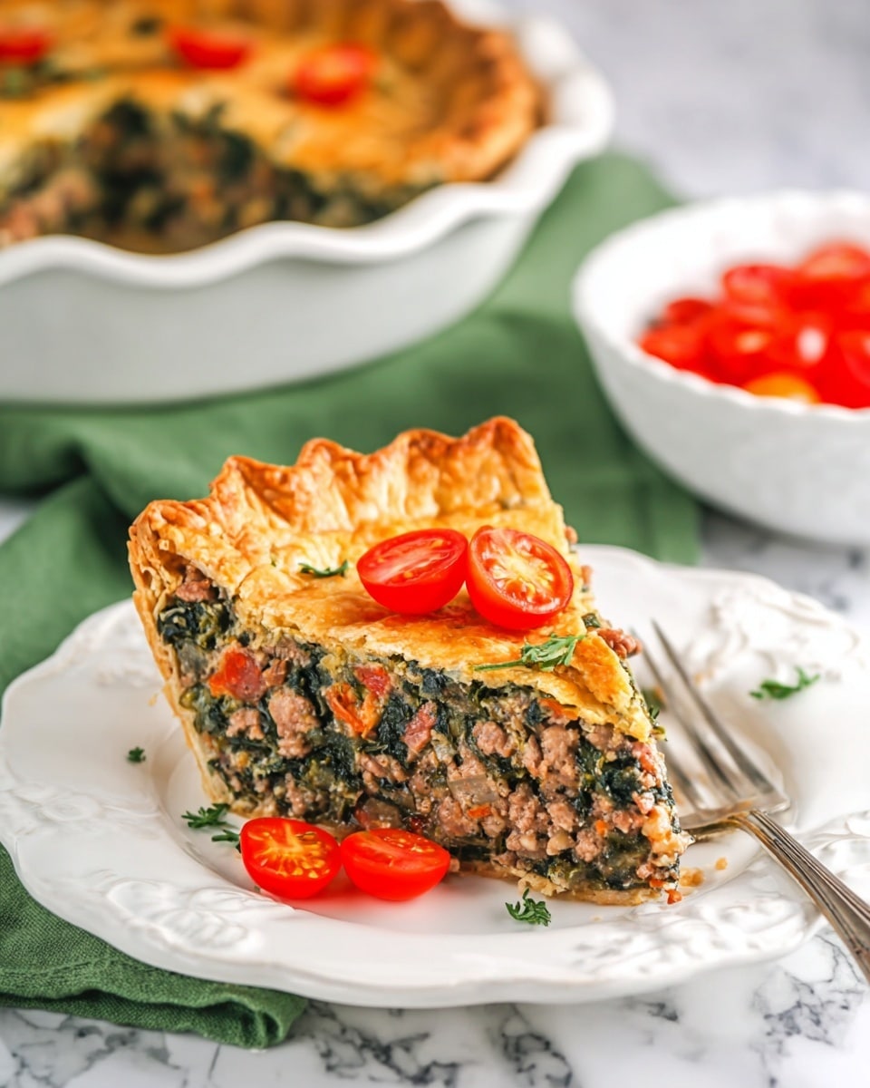 A golden brown pie with a thick, flaky crust sits in a white pie dish on a white marbled surface. The crust edges are crimped and the top is slightly shiny with small green herb pieces scattered. One slice is cut and slightly pulled out, showing three visible layers inside: the bottom crust, a dense filling of mixed cooked ground meat with visible green leafy vegetables and small bits of red pepper, and the top crust. The pie looks warm and hearty. In the blurred background, there are two small white bowls, one with sliced salami and the other with small orange chunks, all placed on the white marbled texture. Photo taken with an iphone --ar 4:5 --v 7