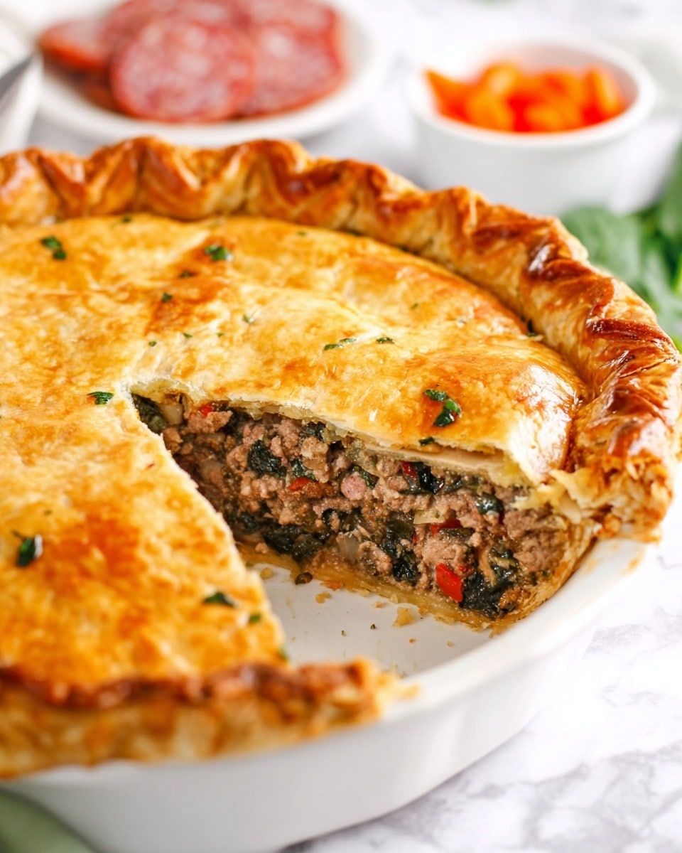 A slice of savory pie sits on a white plate with decorative edges, resting on a green cloth over a white marbled surface. The pie has three visible layers: a golden-brown flaky crust on top with a slightly crimped edge, a thick middle layer filled with cooked spinach, small chunks of ground meat, and bits of red bell pepper giving a mix of green, pink, and red colors, and a thin golden crust at the bottom. Two halves of bright red cherry tomatoes decorate the slice—one on top near the crust edge and one on the plate beside it. A silver fork lies next to the pie slice on the plate. In the blurred background, the rest of the pie sits in a white, scalloped pie dish, and nearby is a white bowl filled with halved cherry tomatoes. Photo taken with an iphone --ar 4:5 --v 7