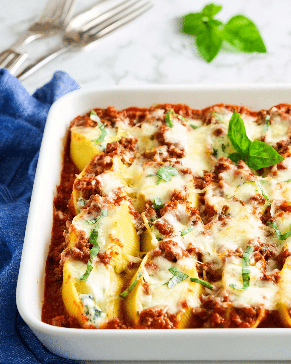 This dish shows a white rectangular baking dish filled with layers of stuffed pasta shells. The bottom layer is a thick red tomato meat sauce with visible ground meat, spread evenly. The next layer consists of large yellow pasta shells stuffed with a creamy white filling, topped again with the red meat sauce. The top layer is covered with melted white and slightly browned cheese sprinkled with small green herb pieces. Fresh green basil leaves rest on the top for color contrast. The dish sits on a white marbled surface with two silver forks blurred in the background and a blue cloth partially visible on the left side. photo taken with an iphone --ar 4:5 --v 7