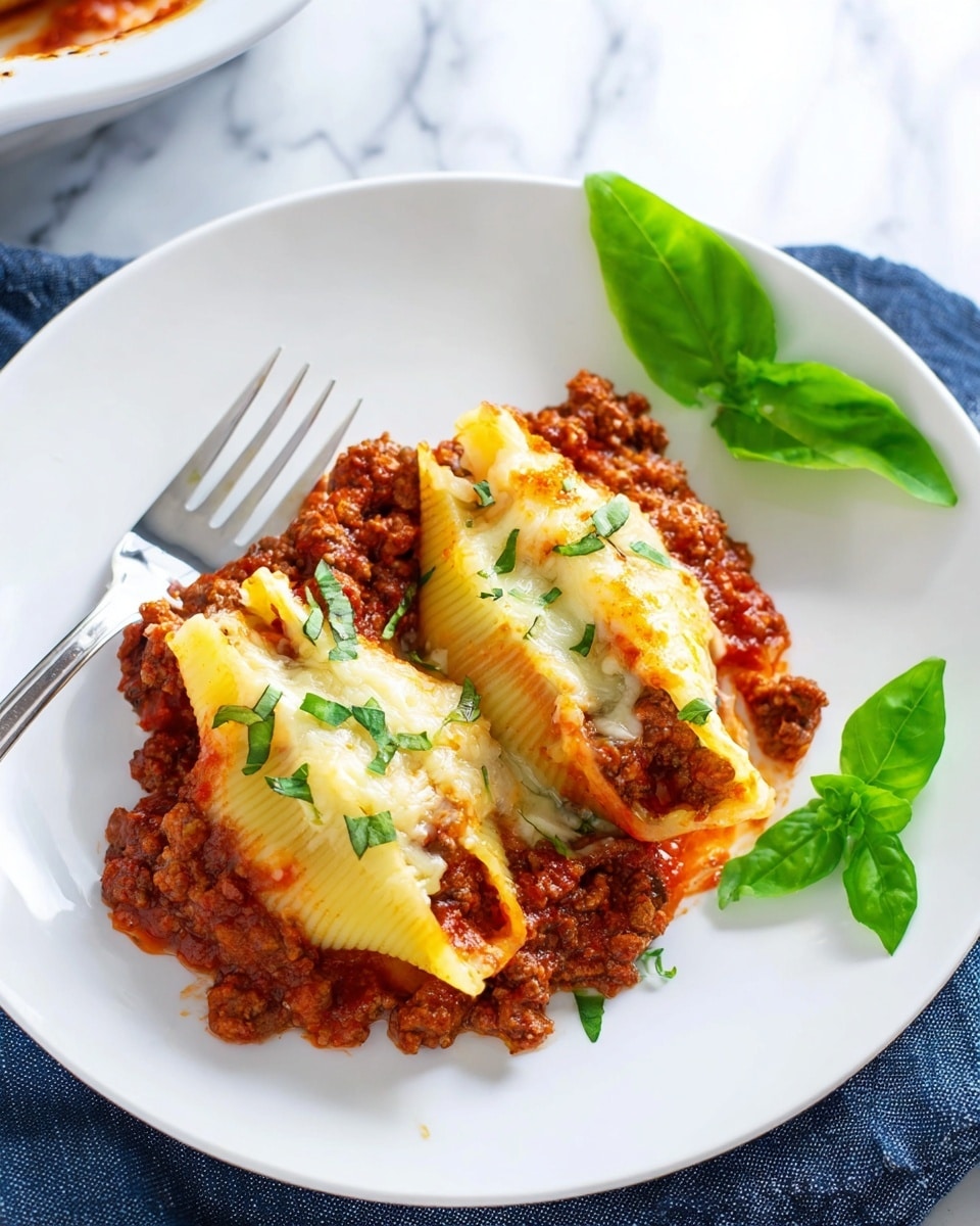 A white plate holds two large stuffed pasta shells covered with melted light golden cheese and sprinkled with green chopped basil leaves. The pasta shells are filled and layered with a rich, chunky red meat sauce that spreads slightly beneath and around the shells. A fresh, bright green basil leaf is placed on the upper right side of the plate as garnish. A silver fork rests on the left side of the plate, and the plate is set on a white marbled surface with a hint of a dark blue cloth beneath it. Photo taken with an iphone --ar 4:5 --v 7