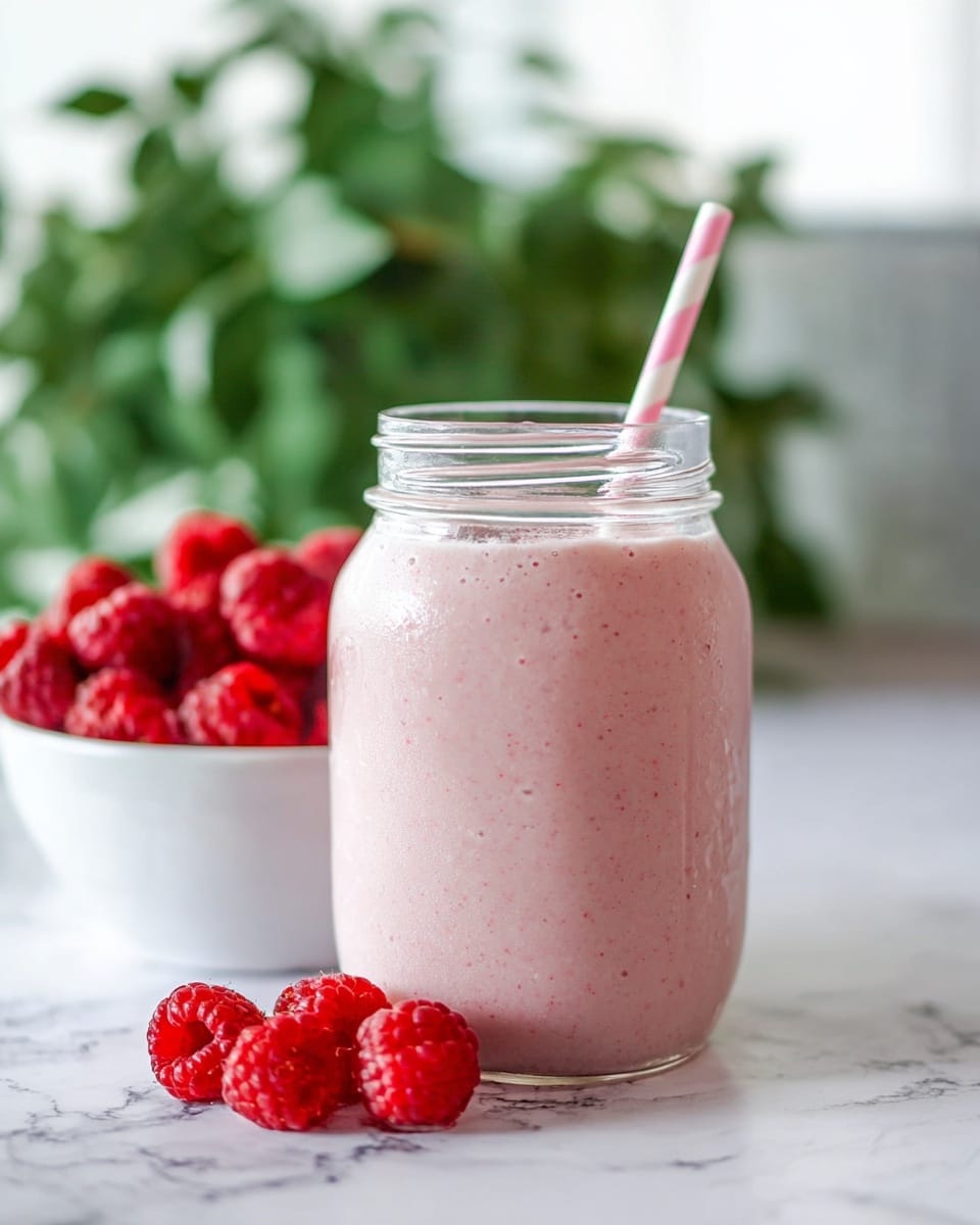 A clear glass jar filled with a thick, pale pink smoothie takes center stage, with a pink and white striped straw inserted into it. In front of the jar, several bright red raspberries rest on a white marbled surface. Behind the jar, there is a white bowl filled with more vibrant red raspberries, and a blurry green leafy plant is in the background. The setting is bright and clean, with soft natural light highlighting the smooth texture and subtle bubbles of the smoothie. photo taken with an iphone --ar 4:5 --v 7