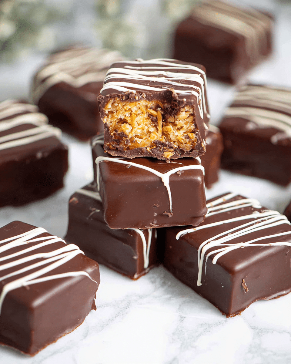 The image shows several smooth, dark brown chocolate square pieces with a shiny surface, each decorated with thin, irregular white chocolate drizzle lines on top and sides. One piece is stacked on another, with its top half bitten off, revealing a textured, golden-brown coconut filling inside that looks moist and shredded. These chocolate squares are placed directly on a white marbled surface, scattered in a casual arrangement, with the focus on the bitten piece in the center. Photo taken with an iphone --ar 4:5 --v 7