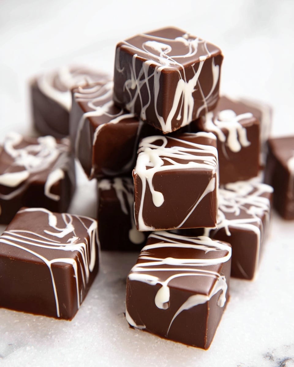 The image shows several small dark brown chocolate cubes with smooth, shiny surfaces stacked and scattered on a white marbled texture. Each chocolate piece has a thin layer of white decoration drizzled across the top and sides in abstract, wavy patterns. The cubes are mostly uniform in size, with some stacked two high, emphasizing their sharp edges and glossy finish. The overall look is clean and elegant, highlighting the rich dark chocolate color contrasted by the bright white drizzle. photo taken with an iphone --ar 4:5 --v 7