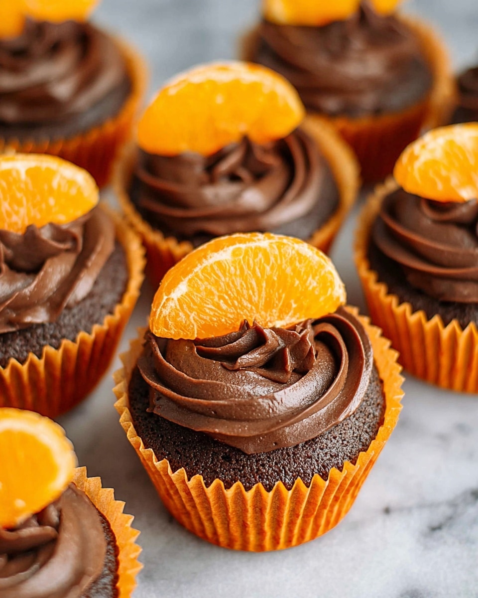 The image shows several chocolate cupcakes in orange paper liners placed on a white marbled surface. Each cupcake has two layers: a dark brown, moist chocolate cake base, and a thick swirl of smooth, dark chocolate frosting on top. Each swirl of frosting is crowned with a single bright orange mandarin slice, adding a fresh pop of color and texture contrast. The cupcakes are closely arranged, filling most of the frame. photo taken with an iphone --ar 4:5 --v 7
