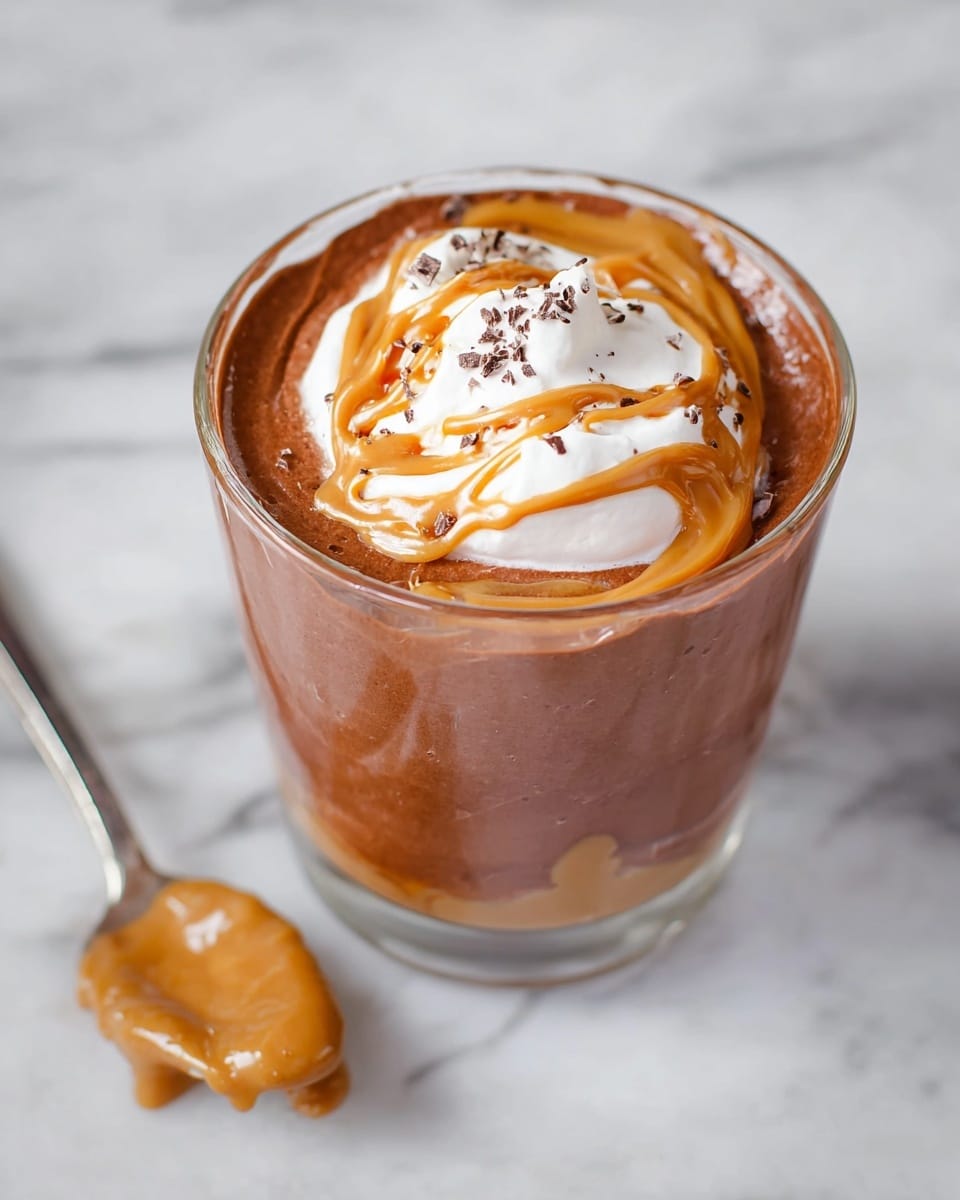 A clear glass cup holds a rich chocolate mousse layer filling most of the cup with a smooth, creamy texture and dark brown color. On top, there is a dollop of white whipped cream in the center, surrounded by a swirl of light brown peanut butter sauce that spreads unevenly across the mousse. The glass is placed on a white marbled surface, and next to it lies a spoon with some chocolate mousse and peanut butter sauce on it. Photo taken with an iphone --ar 4:5 --v 7