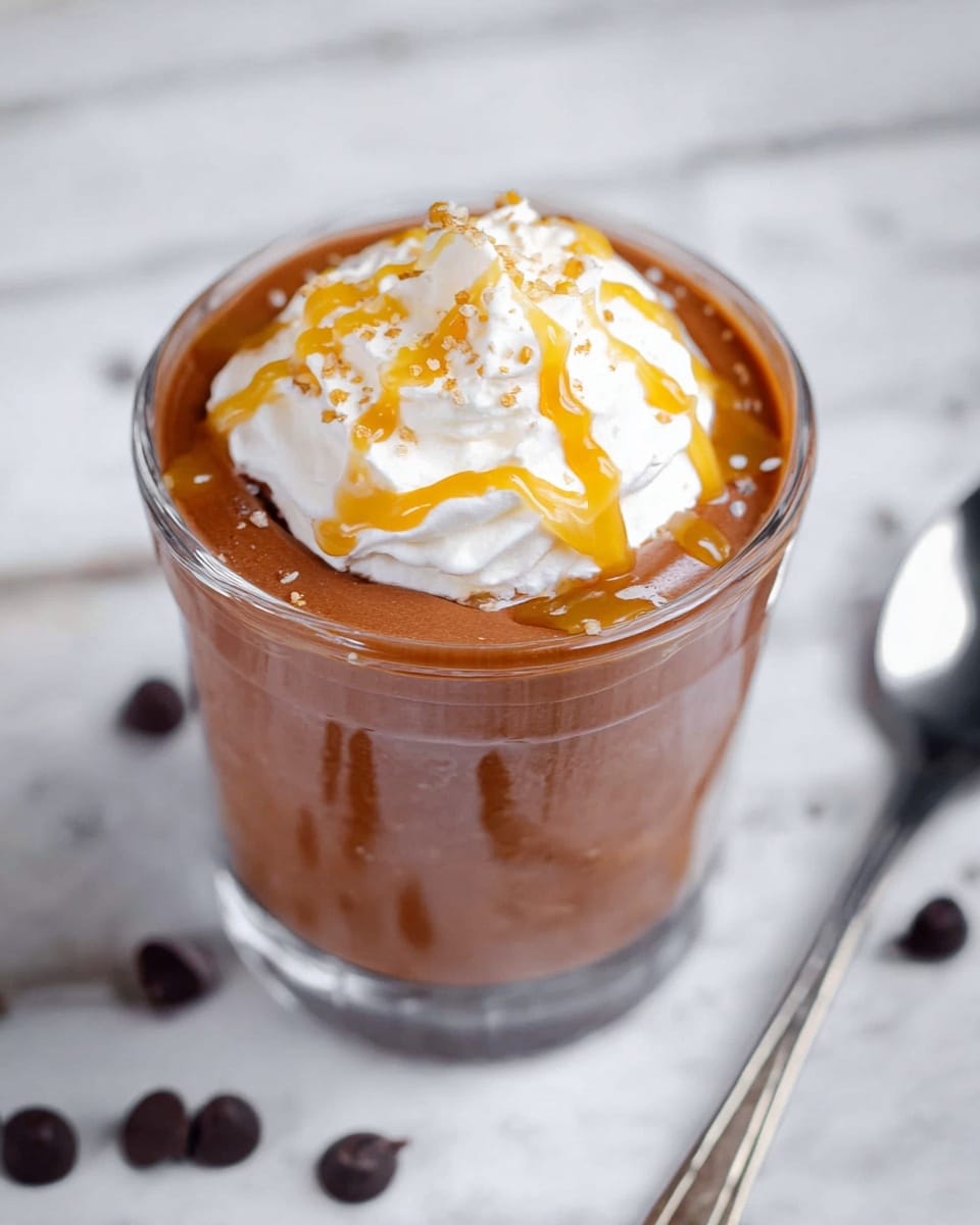A clear glass cup filled with a creamy, smooth chocolate pudding layer that is brown and thick, topped with a dollop of white whipped cream in the center, and drizzled with a golden caramel sauce over the whipped cream and edges of the pudding. The glass cup is set on a white marbled surface with a few scattered small dark brown chocolate chips nearby, and a silver spoon rests to the right side. Photo taken with an iphone --ar 4:5 --v 7