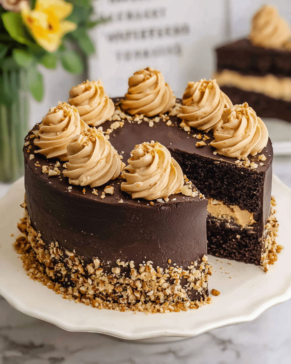 A round chocolate cake with three thick dark brown layers, each separated by a creamy light brown filling. The outside is covered in smooth dark chocolate frosting with a slightly textured finish. On top, there are six swirled dollops of light brown cream evenly spaced around the edge, each sprinkled with small chopped nuts. Around the cake's base, there is a ring of chopped nuts. The cake is set on a white plate with a wavy edge, and the background is a white marbled texture with some blurred greenery and text. photo taken with an iphone --ar 4:5 --v 7