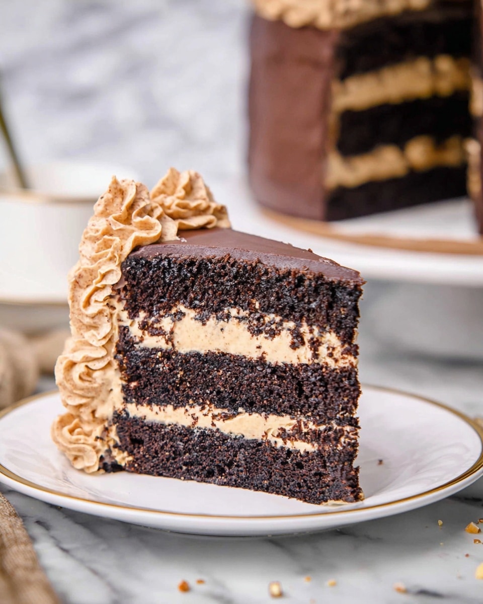 A slice of chocolate cake on a white plate with a thin gold rim, showing three thick dark chocolate cake layers separated by two creamy light brown frosting layers. The slice is covered with smooth dark chocolate frosting on the sides and top, and a swirl of light brown frosting with small nut pieces is placed behind it on the plate. The background has a white marbled texture with a blurred image of the remaining cake and a white cup. Photo taken with an iphone --ar 4:5 --v 7