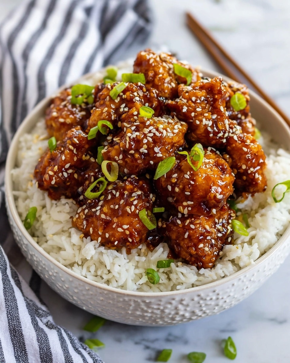 The image shows a bowl filled with two layers: the bottom layer is white rice with visible individual grains, and the top layer consists of golden-brown, crispy chicken pieces coated in a shiny, dark reddish-brown sauce. The chicken is sprinkled with small white sesame seeds and thin slices of bright green scallions scattered evenly. The bowl is white with a textured pattern and is placed on a white marbled surface with a striped cloth nearby. Photo taken with an iphone --ar 4:5 --v 7