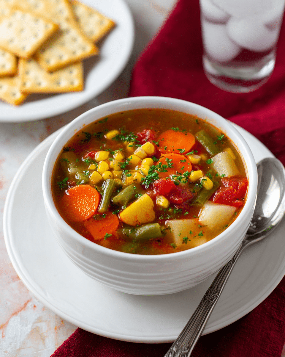 A white bowl filled with colorful vegetable soup sits on a white plate with a silver spoon resting beside it. The soup has several visible layers of ingredients: bright orange carrot slices, yellow corn kernels, green beans, green peas, white potato pieces, and chunky red tomatoes, all mixed in a clear, light brown broth with small green parsley bits sprinkled on top. Around the bowl, square saltine crackers are placed on a white plate, while a glass of water with ice is partly visible in the background. A deep red cloth is casually positioned on a white marbled textured surface under the bowl. Photo taken with an iphone --ar 4:5 --v 7