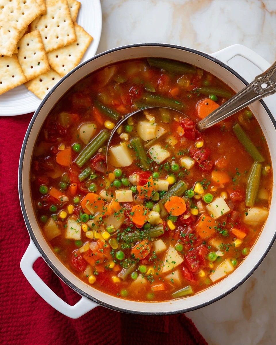 A white pot filled with a vegetable soup made of visible layers of diced orange carrots, green peas, green beans, yellow corn, white potatoes, and red tomatoes in a light reddish broth, all topped with chopped green herbs. The pot is on a white marbled surface with a red cloth partially under it and a silver ladle inside. Next to the pot is a white plate holding several square saltine crackers with a light golden surface. Photo taken with an iphone --ar 4:5 --v 7