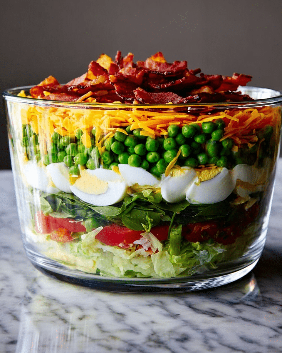 The image shows a clear glass bowl filled with seven visible layers of a salad, placed on a red and white checkered cloth over a white marbled surface. The bottom layer is light green leaf lettuce with a crinkly texture, followed by a layer of large dark green spinach leaves. Above this is a layer of chopped hard-boiled eggs with white and bright yellow yolks. Next, a deep red layer is made of crumbled bacon pieces. Then, a mix of green peas and chopped green beans adds a fresh green color, topped by a layer of shredded orange cheddar cheese. The top layer is smooth white sour cream or dressing, garnished with scattered small green dill sprigs. photo taken with an iphone --ar 4:5 --v 7