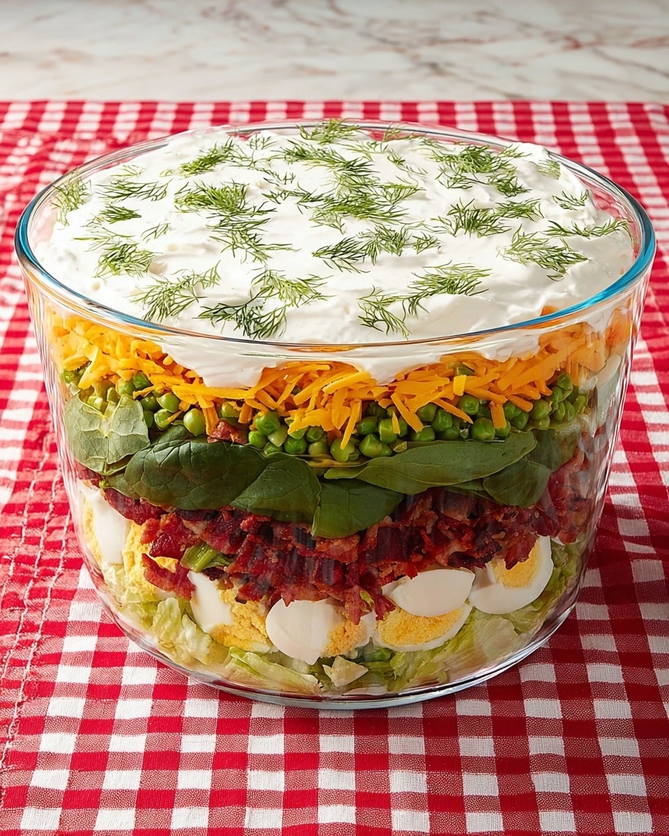 A clear glass bowl shows seven distinct layers of a salad sitting on a white marbled surface. The bottom layer is light green chopped lettuce, followed by a layer of dark green spinach leaves. Above that are slices of white hard-boiled eggs, then a crispy layer of brown bacon strips with some red tomato pieces scattered on top. Next is a layer of shredded orange cheddar cheese, then bright green peas, and finally the top layer is a smooth, white creamy dressing. The bowl is viewed from the side, highlighting the colorful, textured layers clearly. Photo taken with an iphone --ar 4:5 --v 7
