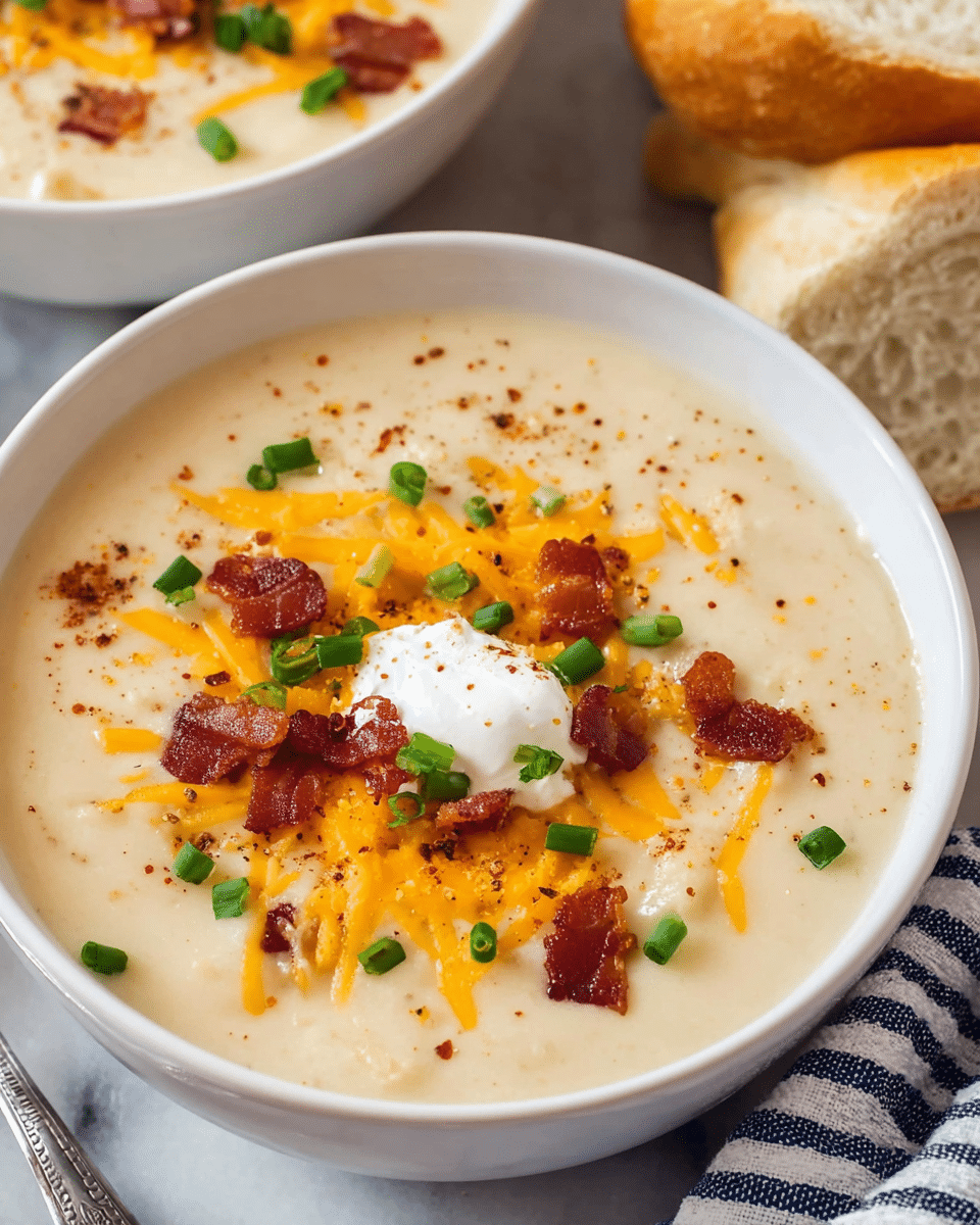 A white bowl filled with creamy potato soup that has a smooth, thick yellowish-white base. On top, there are several small chunks of potatoes, bright yellow shredded cheddar cheese scattered unevenly, crisp reddish-brown bacon bits, small pieces of fresh green onions, and a few dollops of white sour cream. The soup is lightly sprinkled with brownish paprika. The bowl sits on a cloth with blue and white stripes, and the background is a white marbled texture. photo taken with an iphone --ar 4:5 --v 7