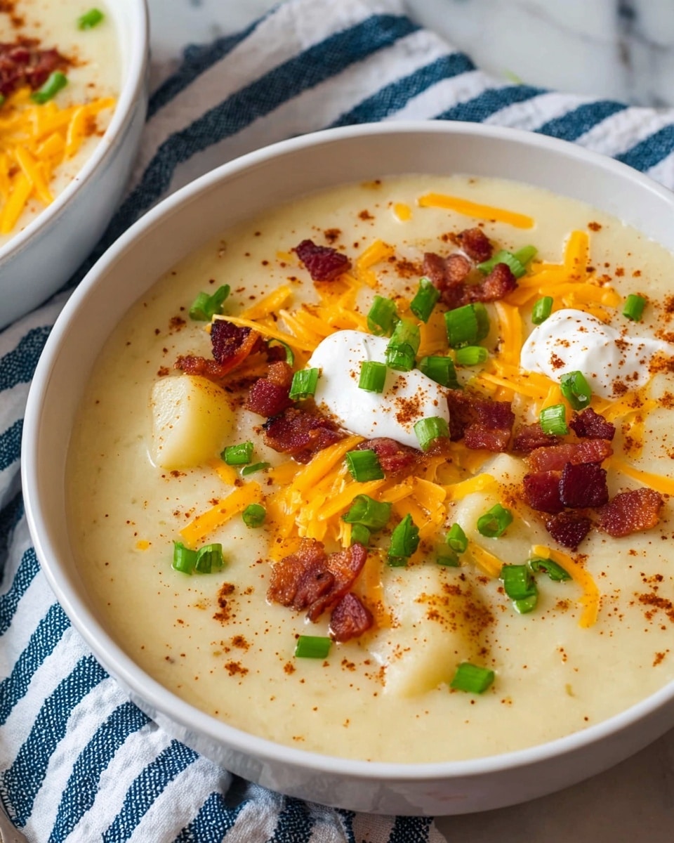 A white bowl filled with thick creamy soup that has a light beige color, topped with small pieces of crispy brown bacon, bright orange shredded cheddar cheese, small green chopped scallions, and a dollop of white sour cream in the center. Small specks of black pepper or spices are sprinkled on top. The bowl sits on a white marbled surface with part of a sliced bread piece and a blue and white striped cloth visible nearby. In the background, there is another similar bowl with the same soup. Photo taken with an iphone --ar 4:5 --v 7
