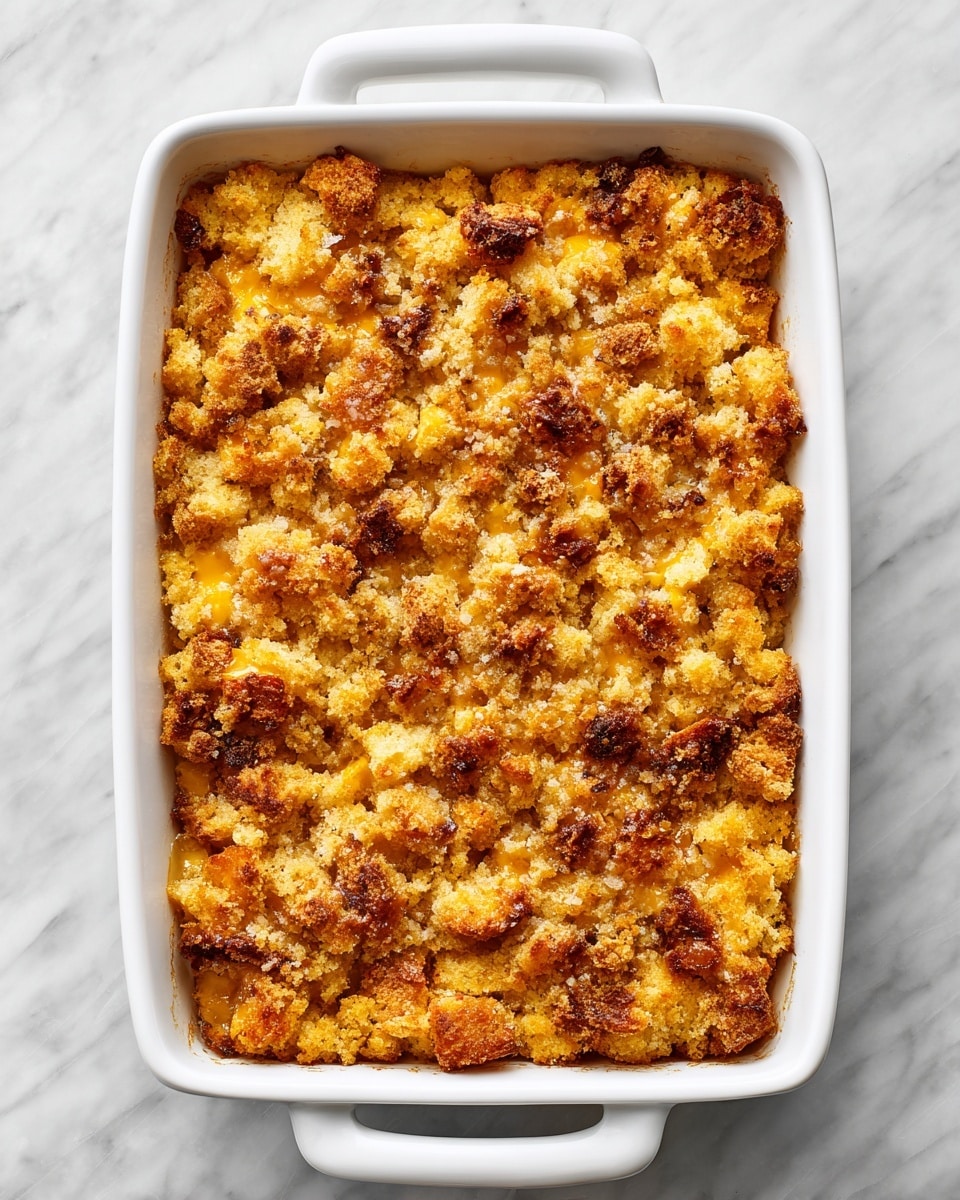 This image shows a white rectangular baking dish filled with a golden brown crumb topping that looks crunchy and unevenly spread over a soft, moist yellowish layer underneath. A section of the dish is missing, revealing the inner texture of the soft layer beneath, which has a slightly chunky and moist appearance with small pieces of onion or similar ingredients mixed in. The crumbs on top are a mix of light and darker brown, giving a toasted and crispy effect. The dish sits on a white marbled surface. photo taken with an iphone --ar 4:5 --v 7