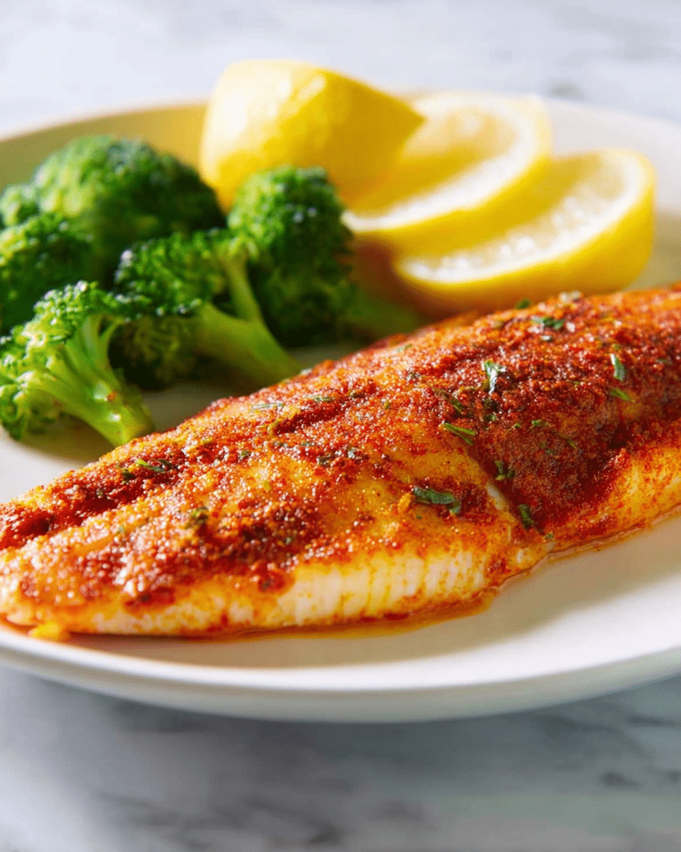 A cooked fish fillet with a reddish-orange spice mix covers the top layer, showing a moist, slightly flaky texture. It sits on a white plate with two lemon wedges placed behind it, their bright yellow color contrasting with the fish. In the front left corner, there is a small pile of green broccoli florets, rich in texture and color. The plate rests on a white marbled surface. Photo taken with an iphone --ar 4:5 --v 7