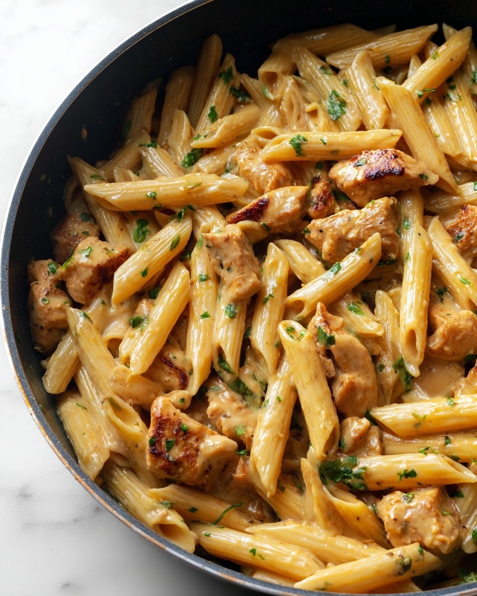 The image shows a close-up of a black pan filled with creamy penne pasta mixed with tender chunks of browned chicken. The pasta is coated in a smooth light brown sauce with small green herb pieces scattered throughout, adding color contrast. The penne pasta is tubular with ridges, making the sauce cling to its surface, while the chicken pieces have a lightly seared texture. The scene is set on a white marbled surface. photo taken with an iphone --ar 4:5 --v 7