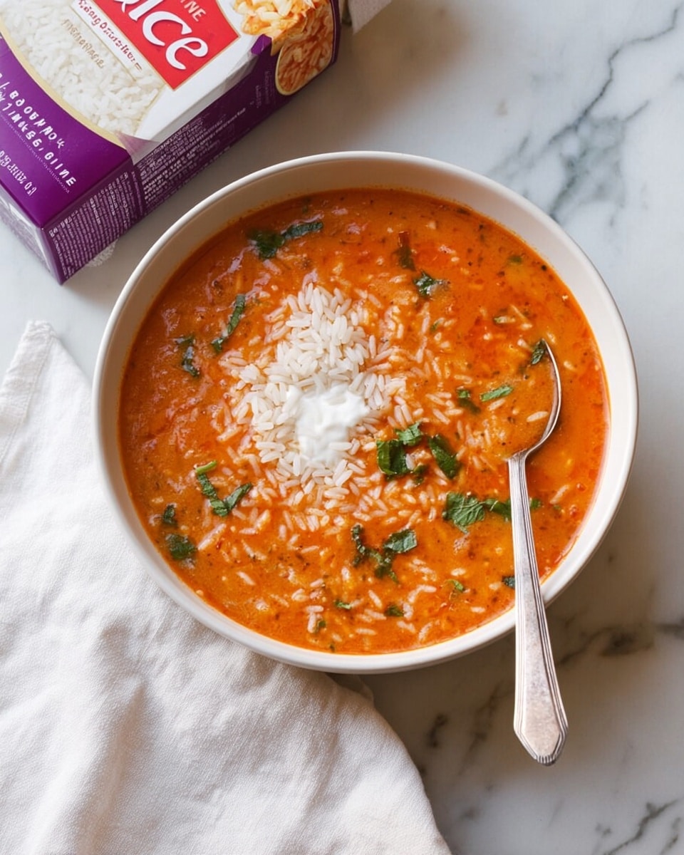 A white bowl filled with a thick orange-red soup that has visible grains of white jasmine rice mixed throughout. The soup has a creamy texture with some green herb pieces sprinkled on top, and a dollop of white cream or yogurt near the center. A silver spoon is resting inside the bowl. The bowl is placed on a white marbled surface with a white cloth nearby, and next to it is a purple and red box of jasmine rice standing upright. photo taken with an iphone --ar 4:5 --v 7