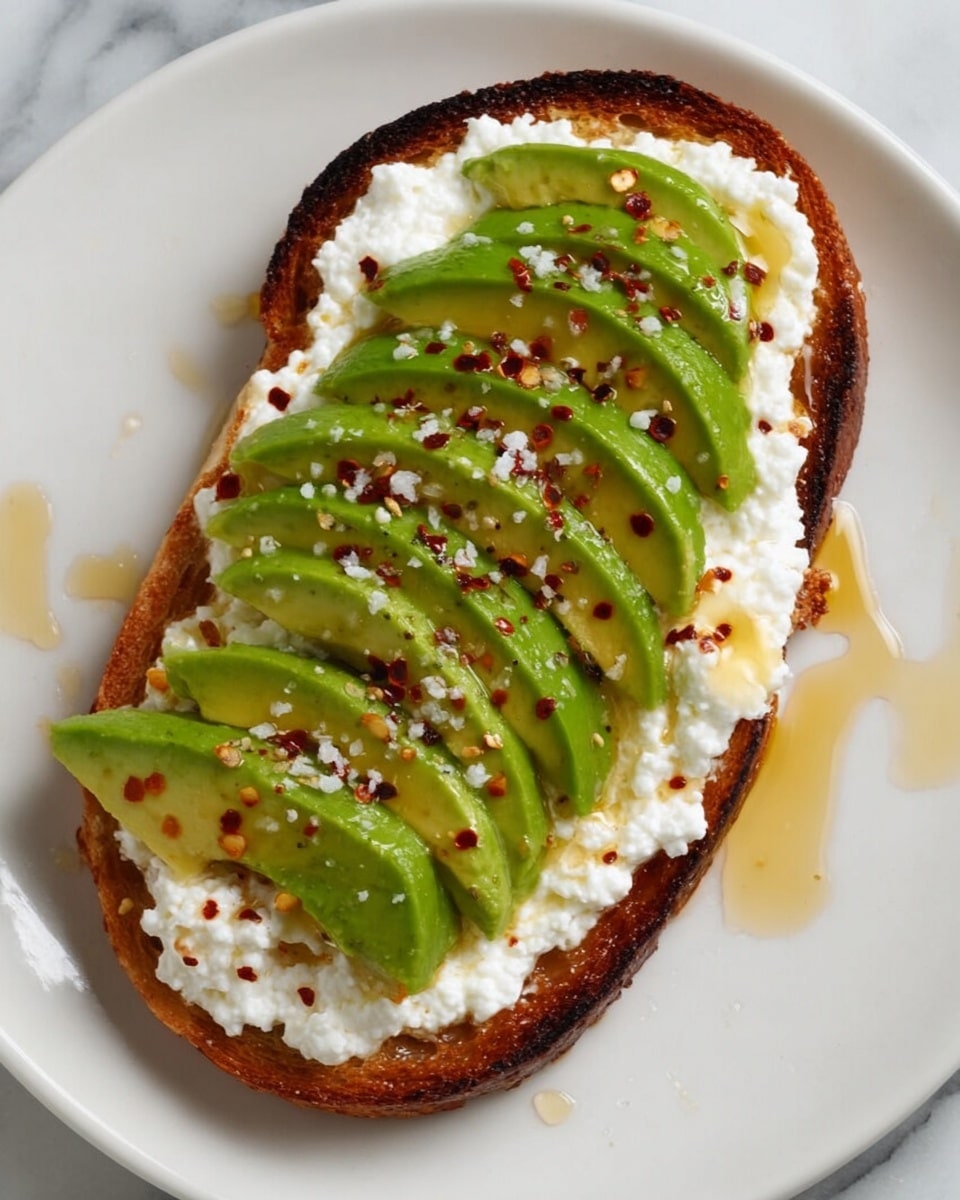 A single slice of toast with a dark golden-brown crust sits on a white plate with a white marbled texture background. The toast is covered with a thick layer of white cottage cheese spread evenly, creating a soft, bumpy texture as the base. On top of the cottage cheese, thin slices of bright green avocado are neatly layered in a slightly overlapping pattern, forming an elongated oval shape covering most of the toast. The avocado slices are sprinkled lightly with red chili flakes and coarse salt, adding small pops of red and white contrast. A drizzle of honey is scattered over the avocado and around the plate, adding a glossy golden touch to the dish. Photo taken with an iphone --ar 4:5 --v 7