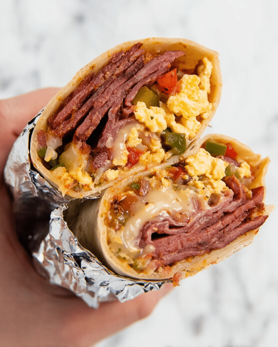 A close-up photo of a cut wrap held by a woman's hand, showing layers inside the wrap. The outer layer is a soft, light brown tortilla, partially wrapped in shiny silver foil. Inside, several thin, dark reddish-brown slices of meat are stacked near the bottom. Above the meat, there is a thick layer of scrambled eggs mixed with small pieces of green, red, and yellow bell peppers and onions, giving a colorful, speckled texture. Some melted white cheese is also visible on the side. The whole wrap looks tightly packed and fresh. The background features a white marbled surface. Photo taken with an iphone --ar 4:5 --v 7