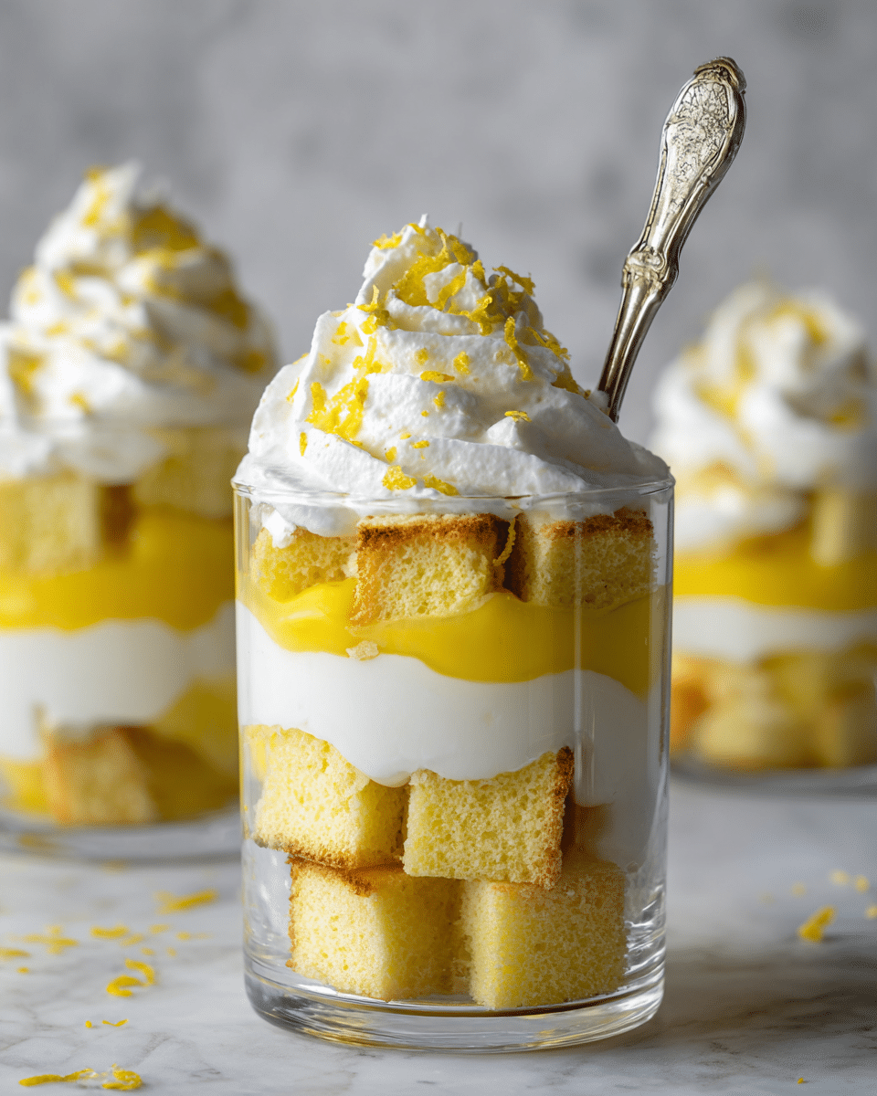 A clear glass filled with a dessert made of multiple layers: soft yellow cake cubes at the bottom, followed by a smooth white cream layer, then a thick yellow lemon curd, another layer of white cream, and more yellow cake cubes. The dessert is topped with a fluffy white whipped cream sprinkled with small bits of lemon zest. A vintage silver spoon is placed inside the glass, and the background is a white marbled texture. Another similar dessert glass is blurred in the background. photo taken with an iphone --ar 4:5 --v 7