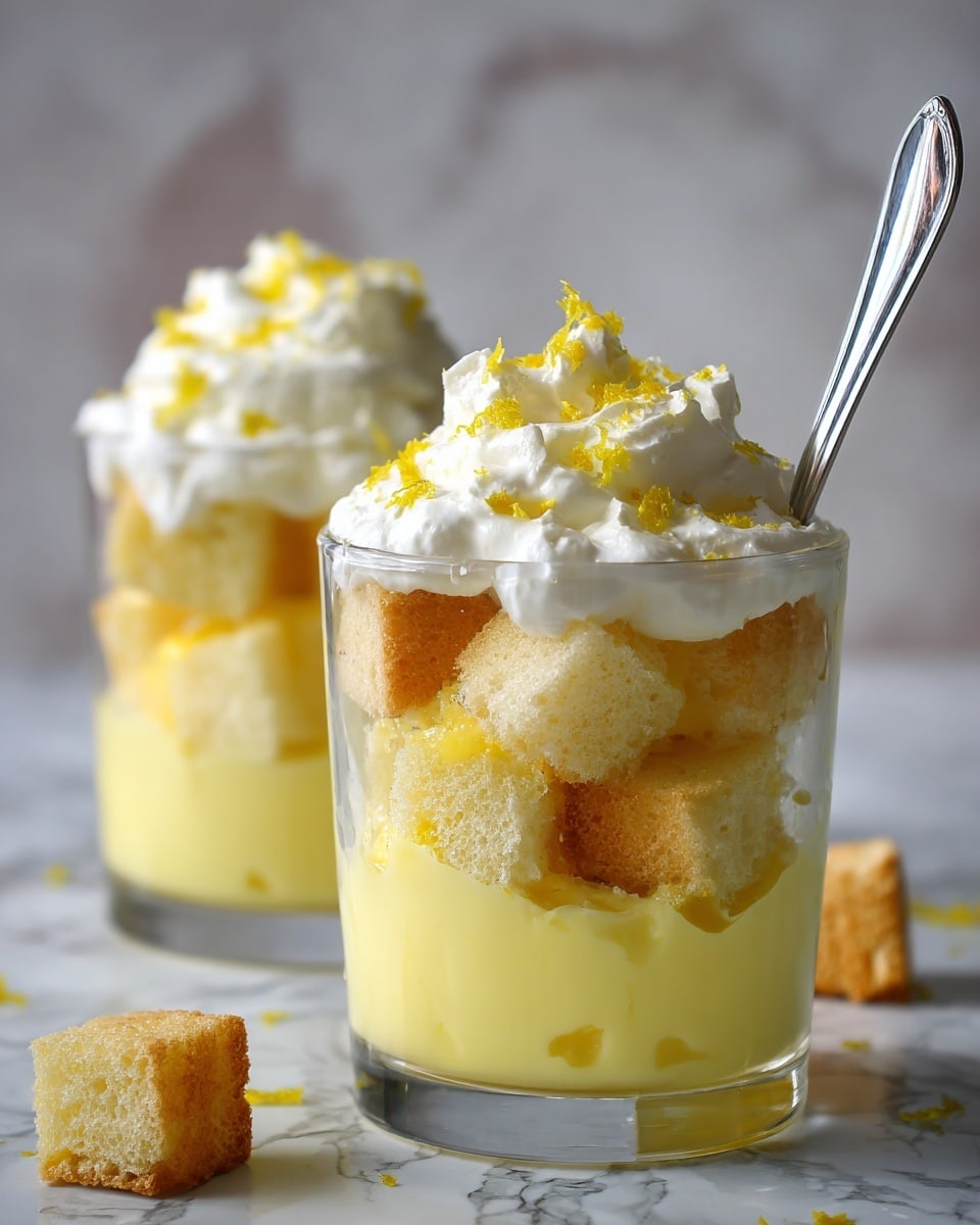 This image shows a clear glass filled with a layered dessert. The bottom layer is a creamy yellow custard, topped with small cubes of light yellow sponge cake. Above the cake is a thick layer of white whipped cream, followed by another layer of custard and then more sponge cake cubes. The dessert is topped with a final layer of whipped cream sprinkled with tiny pieces of yellow zest. A silver spoon sticks out from the glass. In the background, another similar dessert is slightly out of focus. The dessert is placed on a surface with a white marbled texture. photo taken with an iphone --ar 4:5 --v 7