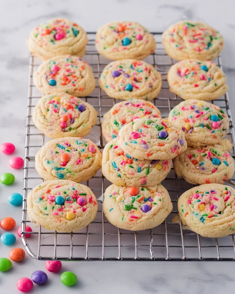 A cooling rack holds about 24 soft, round cookies, each with a light golden-brown base and topped with colorful small candy sprinkles in pink, orange, green, blue, purple, and yellow. The cookies have a slightly cracked texture on top, showing softness inside. A few small round candies in similar bright colors are scattered loosely on and under the rack. The setup is on a surface with a white marbled texture. Photo taken with an iphone --ar 4:5 --v 7