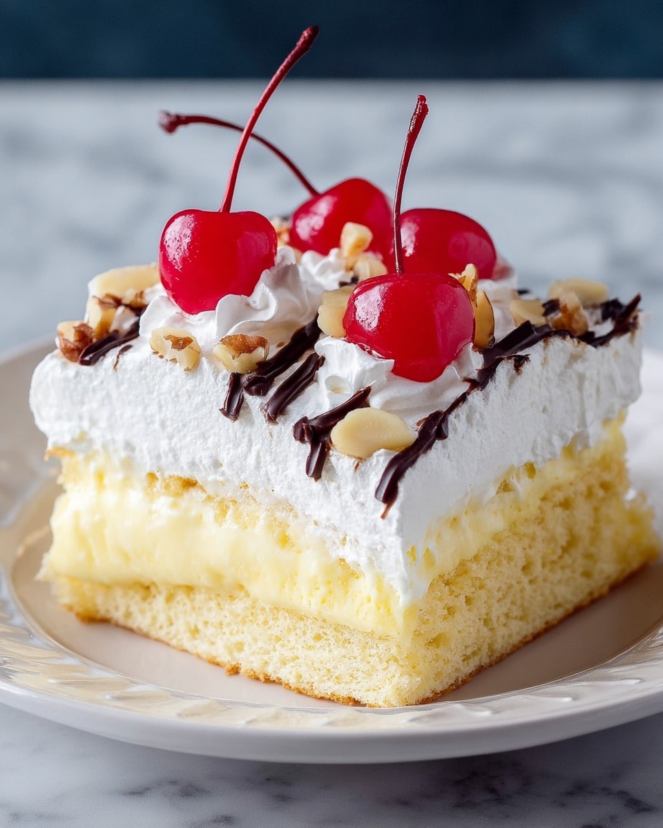 A square piece of cake with three clear layers is placed on a white plate with subtle curves. The bottom layer is a soft, light yellow sponge cake with a slightly porous texture. Above it is a smooth, pale yellow creamy layer. The top layer is thick, fluffy white whipped cream spread unevenly with a rich, airy texture. Several bright red cherries with shiny surfaces sit on top, accentuated by small walnut pieces scattered across the whipped cream. Thin lines of dark chocolate syrup are drizzled diagonally over the top, adding contrast. The plate rests on a white marbled surface. Photo taken with an iphone --ar 4:5 --v 7