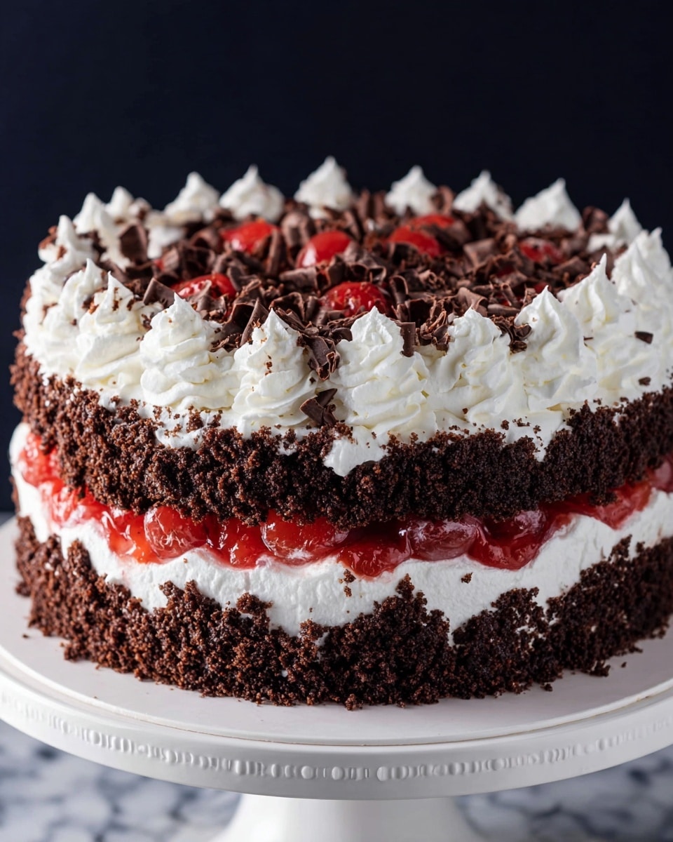 A three-layer round cake sits on a white cake stand with small raised dots and text around the edge, placed on a white marbled surface. The bottom layer is covered in dark brown crumbly chocolate cake pieces pressed onto white cream frosting that peeks through. Above this is a thick white cream layer topped with a ring of swirled white whipped cream dollops close to the edge. The top center layer features bright red cherry pieces in a glossy sauce, sprinkled with small uneven pieces of milk chocolate shavings. The background is a solid dark color, making the cake’s colors stand out. photo taken with an iphone --ar 4:5 --v 7