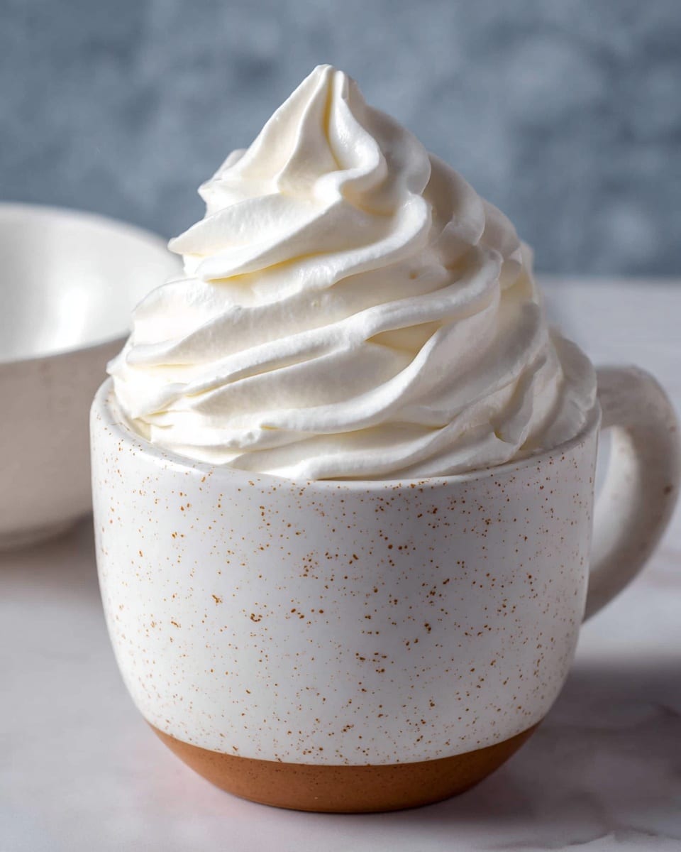 A close-up photo shows smooth, white whipped cream being piped out of a metal tip, creating soft, thick curls and swirls with a silky texture. The whipped cream forms a fluffy, voluminous cluster with three main layers of curvy lines, some tighter and others wider, all sitting on a deep blue textured background replaced by a white marbled texture. The metal piping tip is shiny and slightly worn, positioned at the top right, delivering the cream downward. Photo taken with an iphone --ar 4:5 --v 7