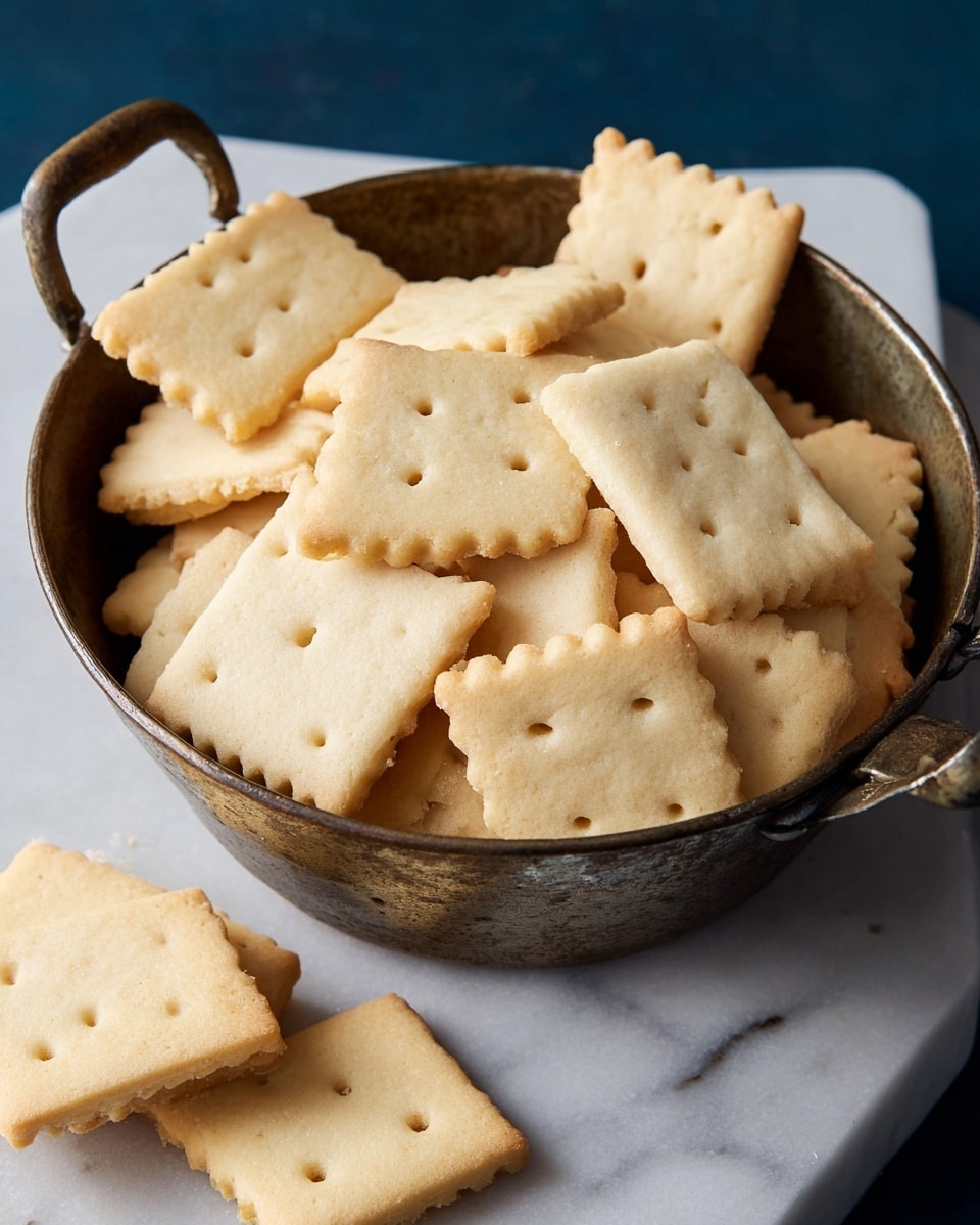 A rustic metal bowl filled with shortbread cookies on a white marbled surface. The cookies are in two shapes: rectangular with small holes aligned in rows, and square with scalloped edges, all in a light golden beige color with a smooth texture. A few cookies rest loosely around the bowl on the white marbled surface, enhancing the casual and inviting look of the scene. Photo taken with an iphone --ar 4:5 --v 7