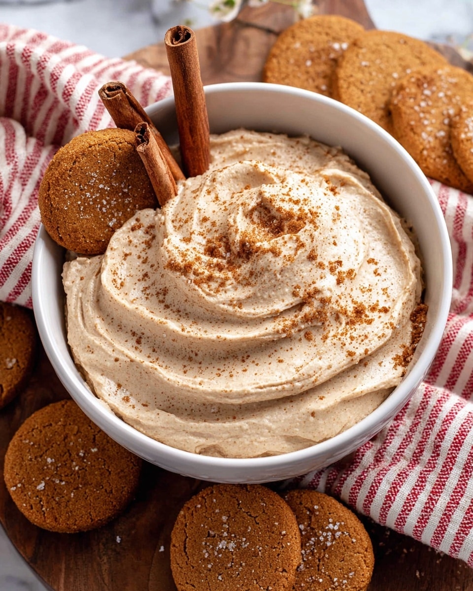 A white bowl filled with a creamy, light brown cinnamon-flavored dip that has a smooth, whipped texture with soft peaks and swirls on top, sprinkled with ground cinnamon and sugar crystals. The dip is garnished on one side with a whole ginger cookie resting against two cinnamon sticks inside the bowl. Surrounding the bowl are several more ginger cookies arranged on a wooden surface covered partially by a red and white striped cloth. The background has a white marbled texture. photo taken with an iphone --ar 4:5 --v 7
