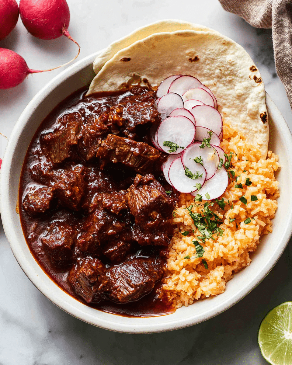 A white bowl holds a rich, dark red stew made of tender chunks of meat, filling the left side with a glossy, thick sauce. To the right, creamy orange rice sits topped with small green herb pieces, adding a fresh touch. On top of the rice are thin, round slices of light purple radish with more green herbs sprinkled over them. A soft, white tortilla is folded and rests on the edge of the bowl, partially covering the rice. The bowl is placed on a white marbled surface with three red radishes to the top left and a sliced lime at the bottom right corner of the scene. photo taken with an iphone --ar 4:5 --v 7