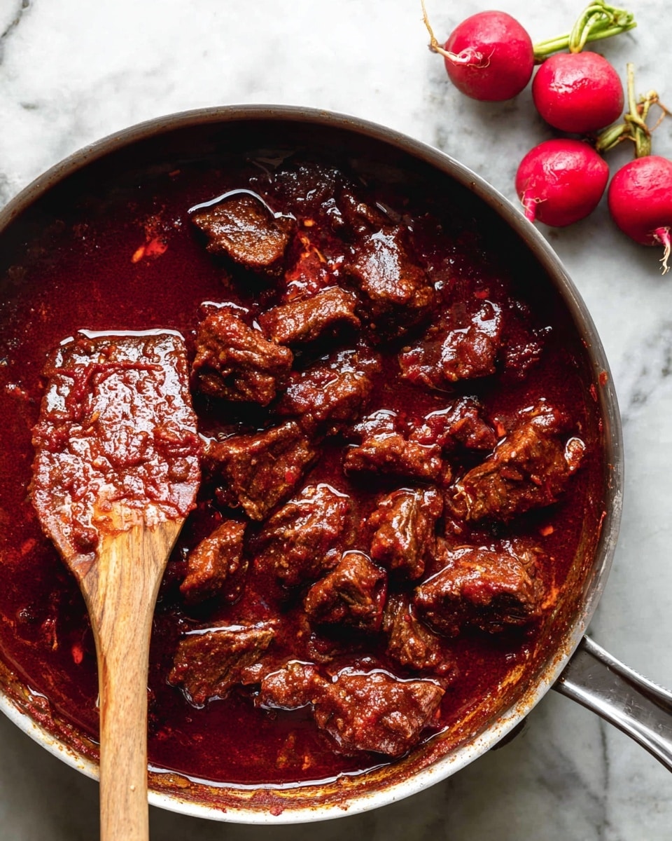 A top view of a pan filled with dark red, thick sauce with several chunks of cooked beef submerged and coated in the sauce, giving a rich and glossy texture. A wooden spatula is partially dipped into the sauce on the left side of the pan, showing some sauce thickly clinging to it. In the top right corner, three fresh red radishes with green stems rest on a white marbled surface. The pan is silver-colored with a visible handle on the right side. photo taken with an iphone --ar 4:5 --v 7
