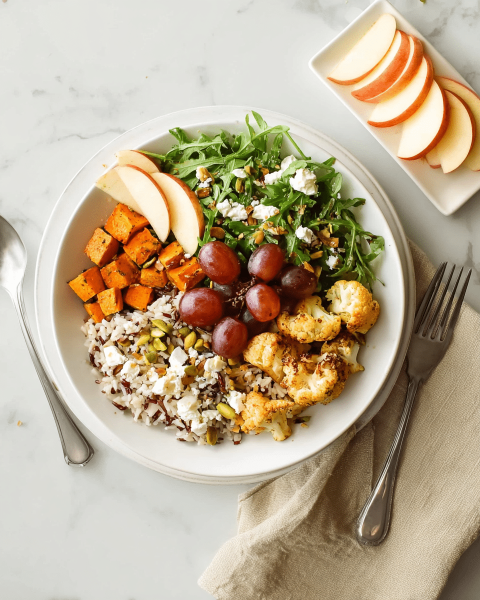 A white plate sits on a white marbled surface, filled with a colorful bowl meal arranged in layers. At the base, there is a mix of white and wild rice. On one side, there are crispy roasted orange sweet potato cubes, and next to them, golden-brown roasted cauliflower pieces. Fresh green arugula fills part of the plate, topped with halved red grapes. On the other side, there are thinly sliced apple wedges with the skin on. Scattered on top, small white crumbles, likely goat cheese, and green pistachio nuts add texture and contrast. Nearby, a white rectangular plate holds a small stack of sliced apples, and a silver fork rests on the right side beside a beige napkin. photo taken with an iphone --ar 4:5 --v 7