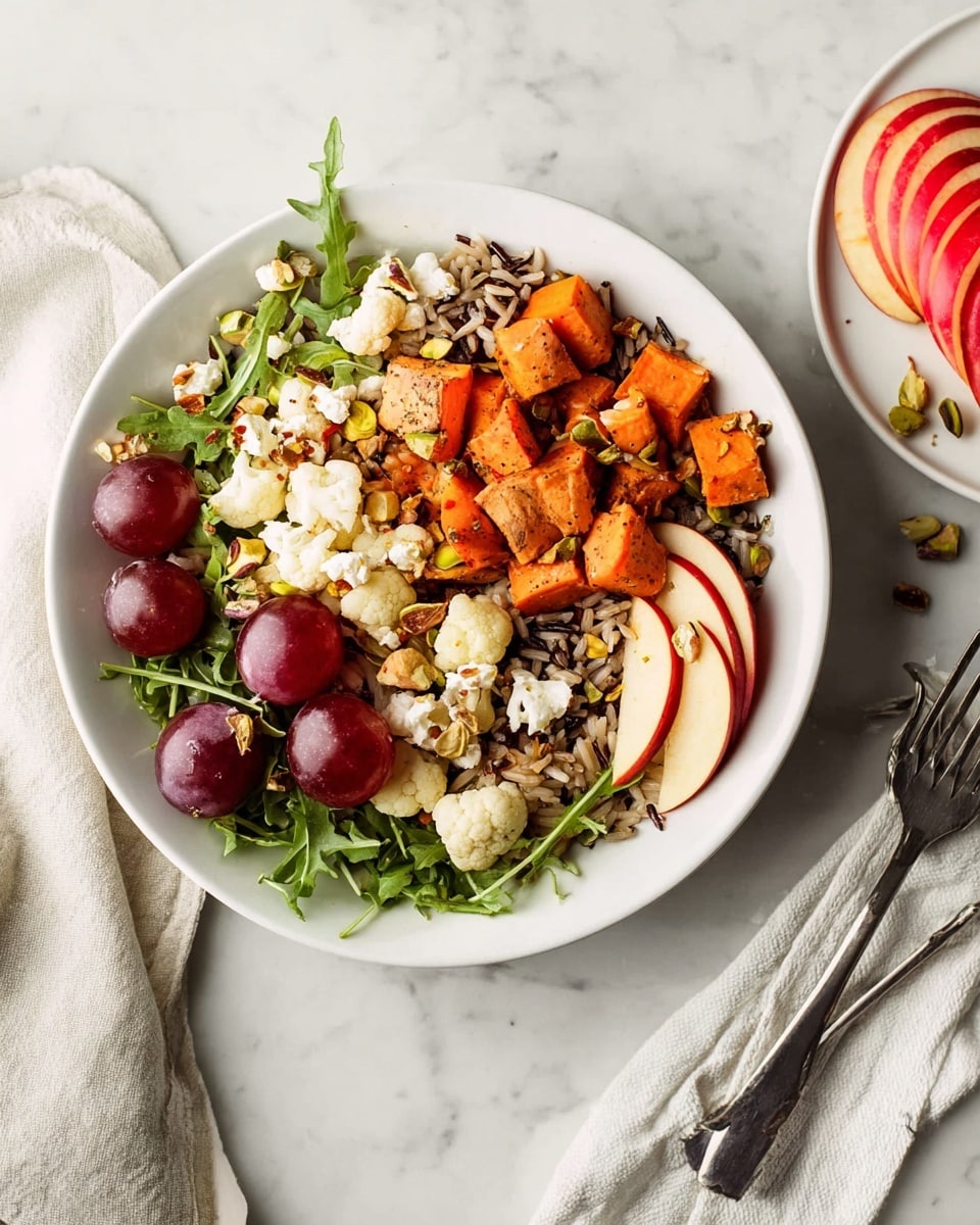 A white bowl filled with a layered salad sits on a white marbled surface. The bottom layer is a mix of wild rice. On top of the rice, there are two sections: one with orange roasted sweet potato cubes and the other with green arugula and small pale cauliflower pieces. Slices of red apple rest on one side of the bowl, while halved red grapes are scattered mostly on the apple and arugula. Small white popcorn is sprinkled over the entire dish, along with some green pistachios. Next to the bowl, there is a white plate with layered slices of red apple. A fork and a folded linen napkin with a thin stripe are placed on the right side. The photo taken with an iphone --ar 4:5 --v 7