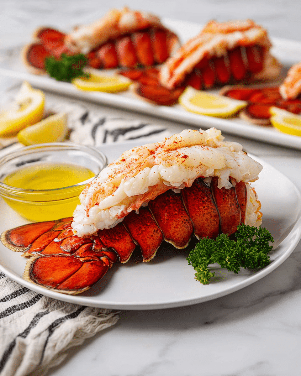 A white plate sits on a white marbled surface with a single lobster tail centered on it, the tail shell is bright red with a rough texture, and the white lobster meat, slightly peppered, rests on top of the shell showing a firm, juicy texture. Behind the lobster tail on the plate, there is a small round glass bowl filled with melted yellow butter. A fresh yellow lemon slice lies at the front edge of the plate. In the background, slightly blurred, there is a white rectangular plate with three more lobster tails arranged in a row, garnished with green parsley and lemon slices. A white cloth with black stripes is placed to the left side of the scene. photo taken with an iphone --ar 4:5 --v 7