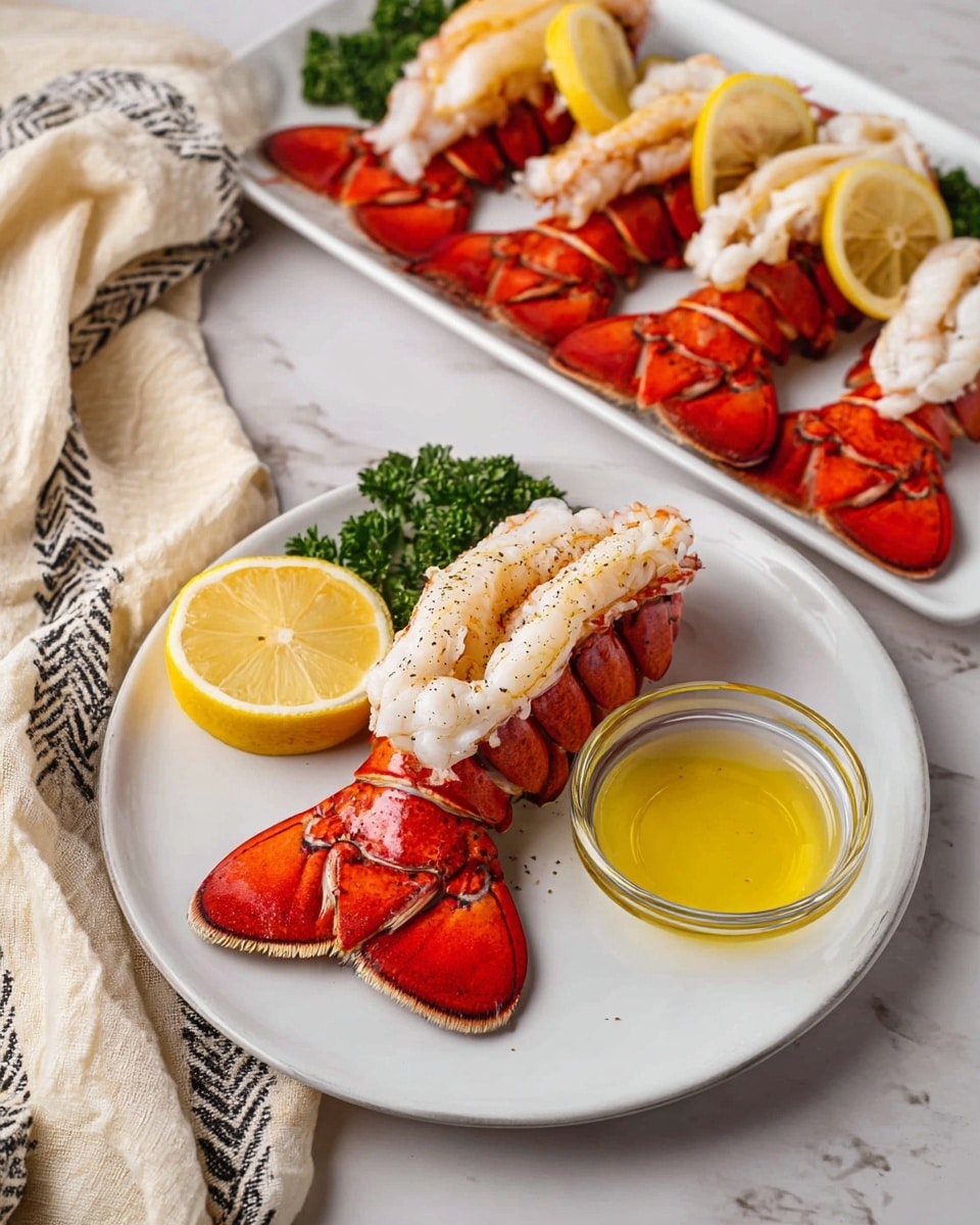 A white plate shows one lobster tail with bright red shell opened to reveal a white, tender lobster meat on top, sprinkled lightly with black pepper, next to a small glass bowl filled with melted yellow butter. A thick yellow lemon slice is placed near the lobster tail on the plate. In the background, a white rectangular plate holds several lobster tails arranged neatly with similar yellow lemon slices and green parsley. A cream-colored cloth with black stripes lies to the left side on a white marbled texture surface. Photo taken with an iphone --ar 4:5 --v 7