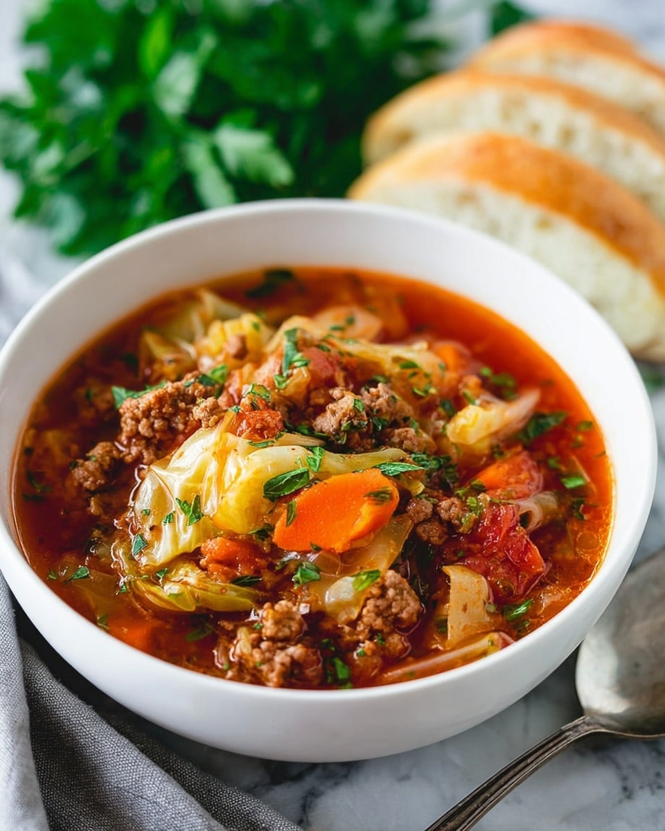 A white bowl filled with hearty cabbage soup, showing layers of light green cabbage pieces, browned ground meat, and bright orange carrot chunks, all simmered in a rich red tomato broth. The soup is garnished with small bits of fresh green herbs scattered on top. A silver spoon lies beside the bowl, and in the blurry background, there is fresh leafy parsley and slices of light brown bread resting on a white marbled surface. The overall look is warm and inviting, with a mix of textures and colors that catch the eye. photo taken with an iphone --ar 4:5 --v 7