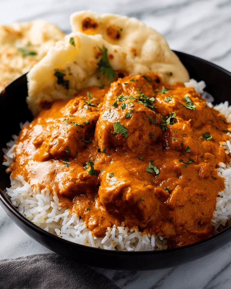 A black bowl is filled with a base layer of white rice, topped with a thick orange curry sauce containing browned chunks of meat. On the right side of the bowl, a piece of soft naan bread is folded and placed partially on the rice and sauce, with small green herb bits sprinkled on the curry and naan. The background shows a white marbled texture with a spoon and a small white bowl of chopped green herbs nearby. photo taken with an iphone --ar 4:5 --v 7