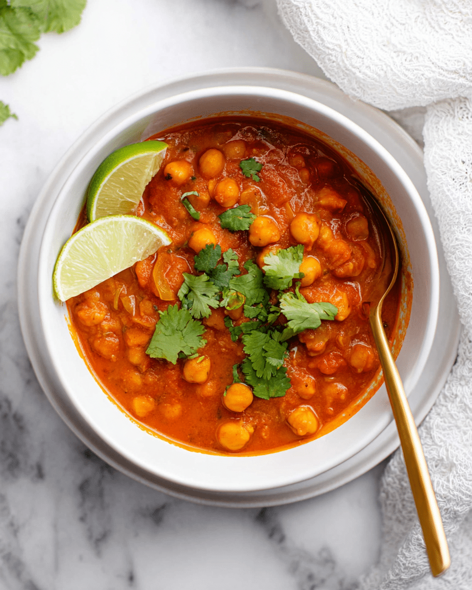 A white bowl filled with a thick, rich orange-red chickpea curry sits centered on a white plate, both placed on a white marbled surface. The curry contains visible chickpeas and chunks of soft onion, covered in a smooth, creamy sauce. Fresh green cilantro leaves are garnished on top, adding a bright contrast, along with a wedge of lime positioned on the left edge of the bowl. A shiny gold spoon rests inside the bowl on the right side. Soft white fabric is partially visible in the upper right corner of the image. photo taken with an iphone --ar 4:5 --v 7