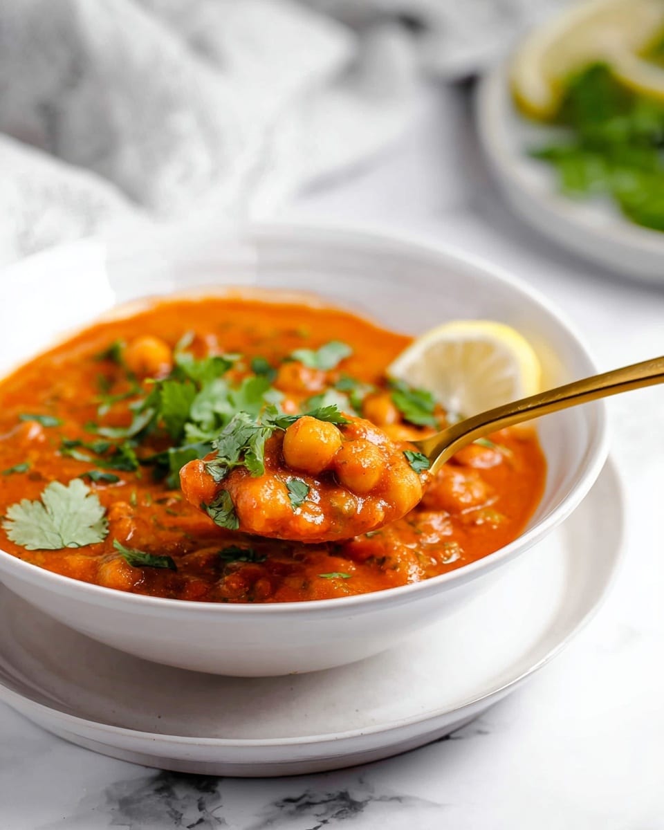 The image shows a white bowl filled with a thick orange-red chickpea curry, topped with green cilantro leaves and a pale yellow lemon wedge on the side. A shiny gold spoon holds a scoop of the curry, showing soft chickpeas coated in rich sauce with a small cilantro leaf on top. The bowl sits on a matching white plate, all placed on a white marbled surface. In the background, there is a blurred white plate with green herbs and lemon wedges. photo taken with an iphone --ar 4:5 --v 7