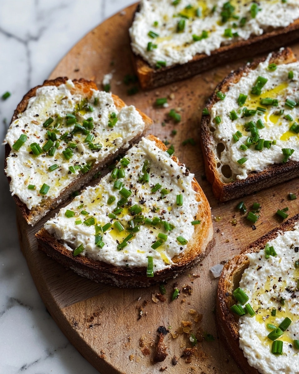 The image shows toasted dark brown bread slices on a wooden board with some crumbs scattered around. Each slice has a thick, creamy white spread with a slightly rough texture, topped with small green chopped chives and a drizzle of golden olive oil. Some black pepper is sprinkled over the spread, adding specks of dark color. The toast pieces are cut into smaller sections, with the main slice in the center cut into three uneven rectangular parts. The background is a white marbled surface. photo taken with an iphone --ar 4:5 --v 7