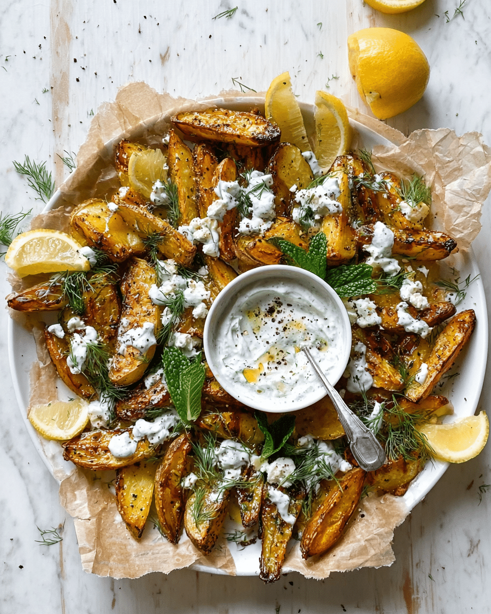 The dish shows a white round plate lined with crumpled parchment paper holding one layer of golden roasted potato wedges with crispy edges, scattered with white crumbled cheese and drizzled with creamy white herb sauce. Bright green fresh mint and dill leaves are spread throughout, and lemon wedges with a pale yellow color are placed on top and around the potatoes. In the center, there is a small white bowl filled with creamy white herb sauce, sprinkled with cracked black pepper and a touch of olive oil, alongside a silver spoon resting on the edge of the plate. The whole setup sits on a white marbled surface. photo taken with an iphone --ar 4:5 --v 7