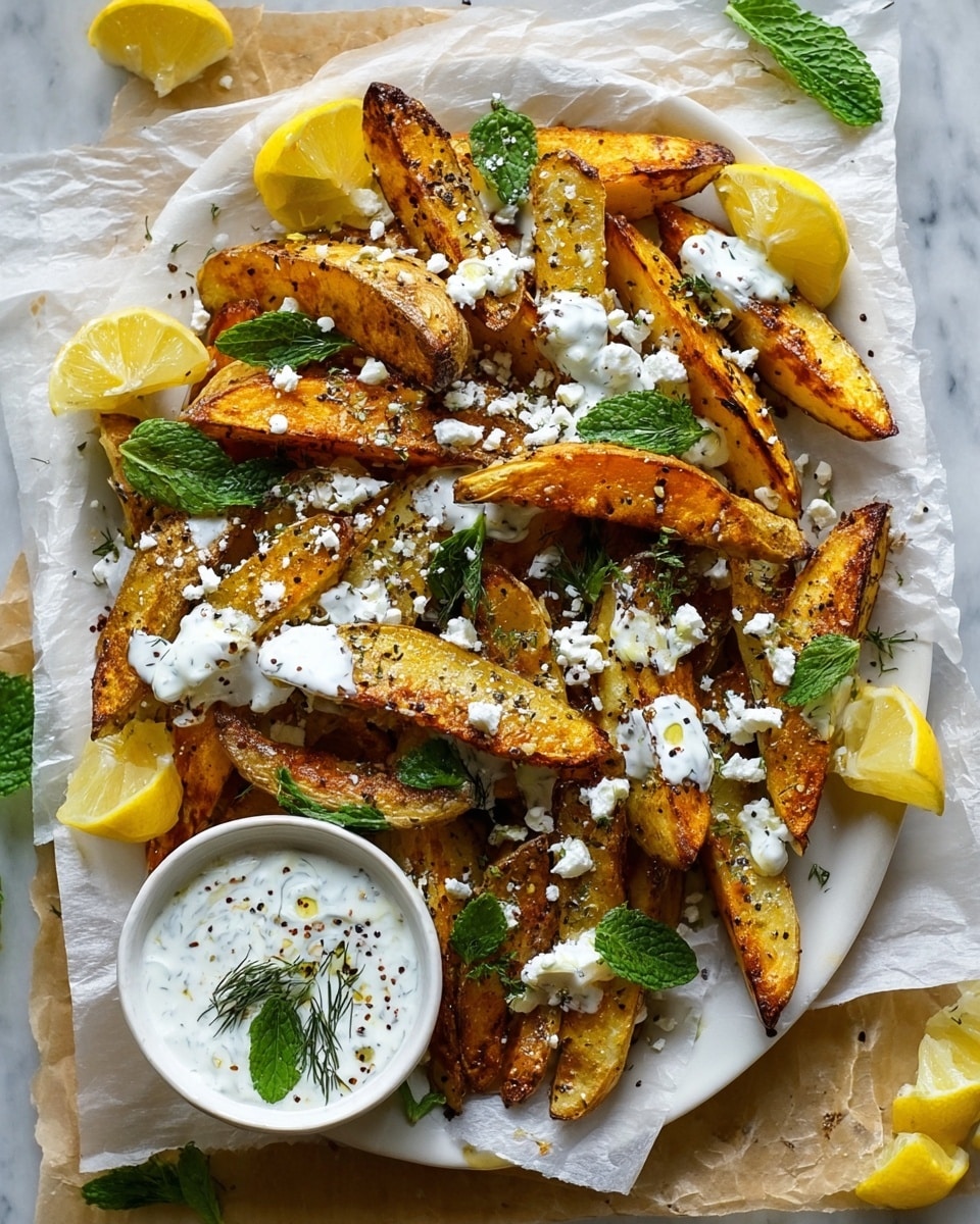 The image shows a large white plate filled with golden brown, crispy potato wedges layered in a slightly overlapping way. The potatoes are sprinkled with white crumbled cheese and fresh bright green mint leaves scattered around. Dollops of white sauce with small green herb bits are drizzled unevenly over the wedges. Several lemon wedges with a light yellow color are placed around the edges of the plate. A small white bowl filled with more white herb sauce, drizzled with a little olive oil and topped with black pepper and a green dill sprig, sits near the center. The plate rests on white parchment paper with some fresh herbs peeking out underneath, all set on a white marbled surface. photo taken with an iphone --ar 4:5 --v 7