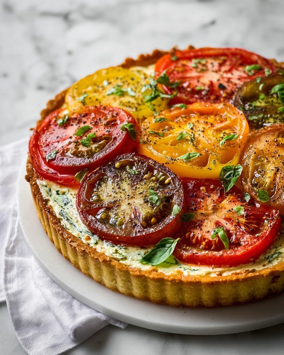This image shows a round tart with a golden, flaky crust as the bottom layer. On top of the crust is a creamy, white layer mixed with green herbs, which acts as a soft base. The top layer consists of large slices of heirloom tomatoes in shades of deep red, orangish-yellow, and a mix of greenish-brown with pink, arranged to cover the tart almost fully. The tomatoes look juicy with a slightly roasted texture, sprinkled with black pepper, small bits of green herbs, and fresh basil leaves scattered around. The tart sits on a white plate atop a white marbled surface, with part of a white cloth visible in the corner. Photo taken with an iphone --ar 4:5 --v 7